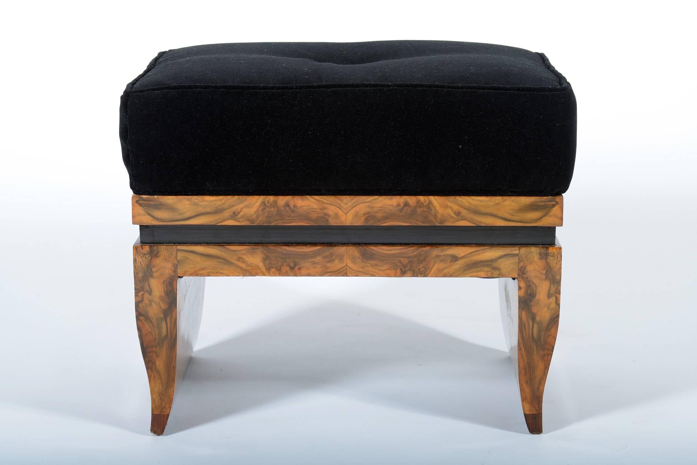 Elegant pair of Art Deco stools walnut root and rosewood newly upholstered with dark cotton velvet.
Curved sides.