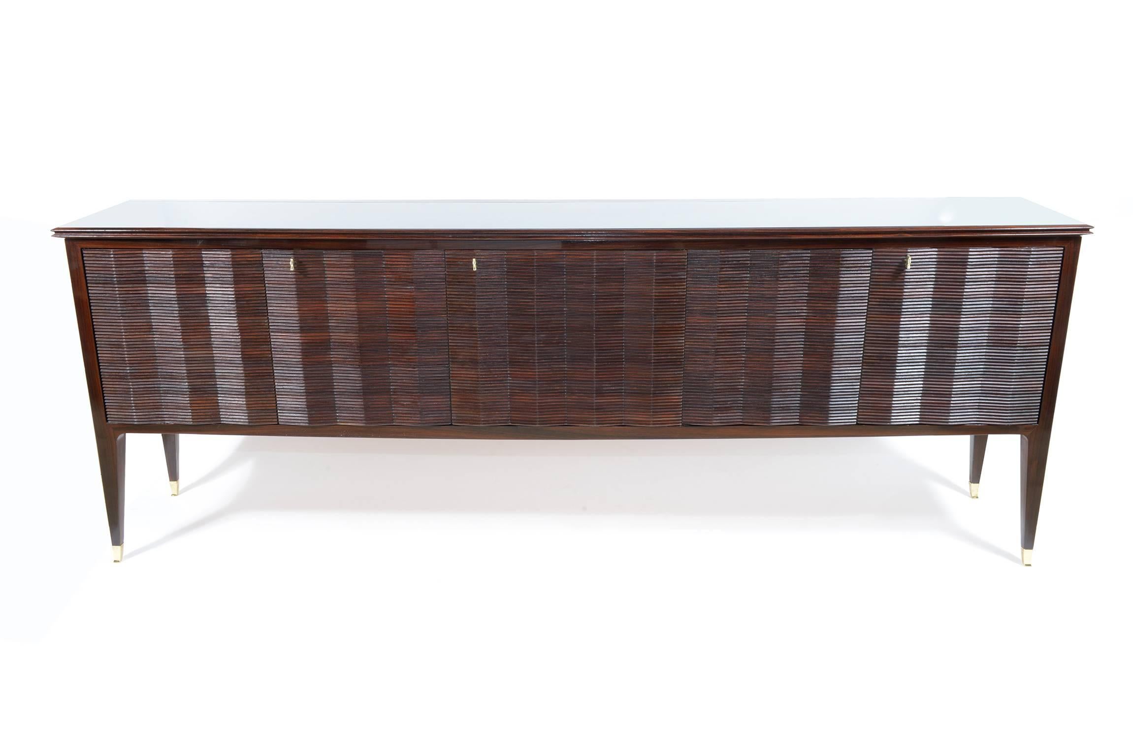 Mid-Century Modern Mid-Century Elegant Solid precious wood Grooved Credenza by Broggi, Signed