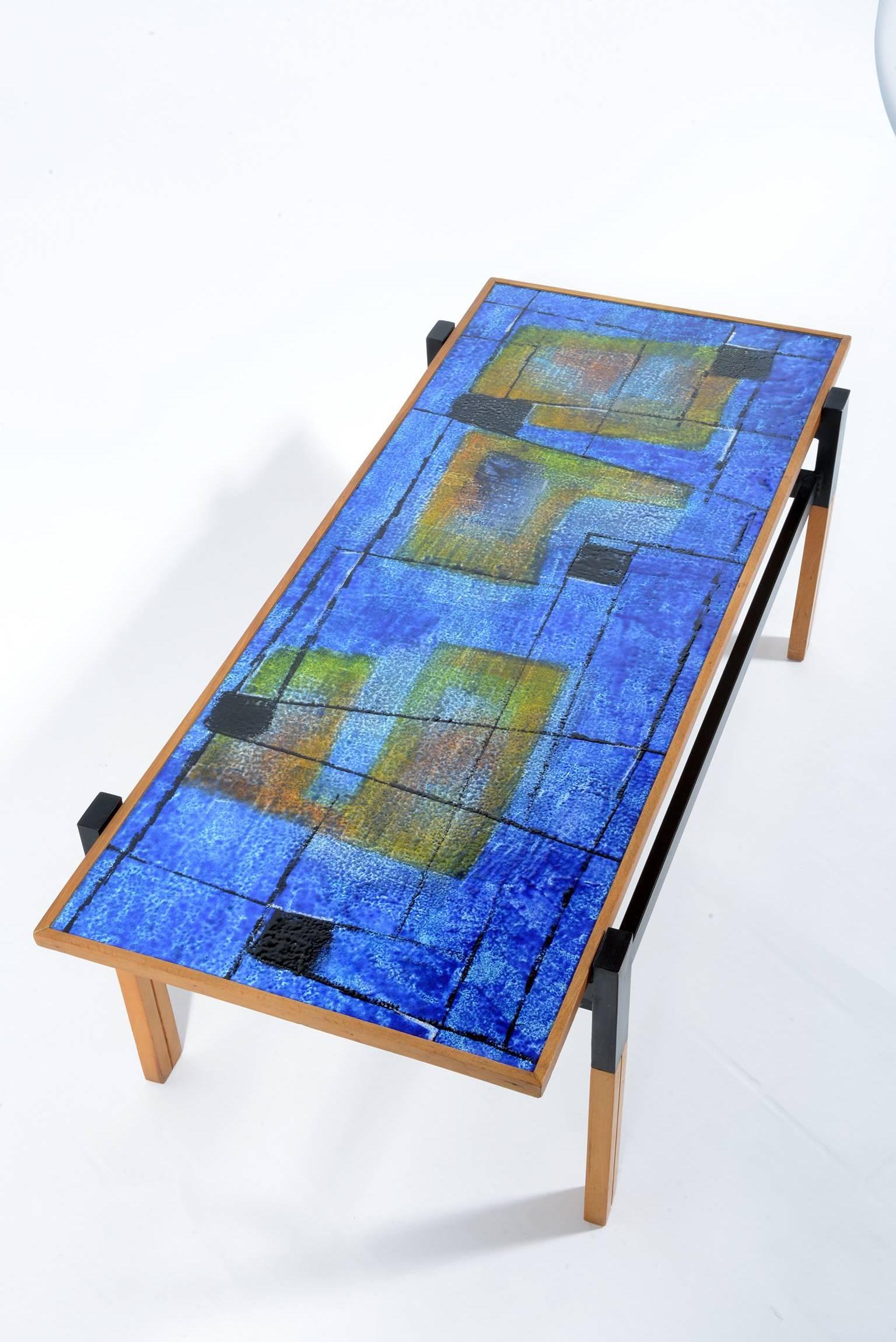  Mid Century  SIVA Poggibonsi - Siena - Italy Wood solid teak structure and enamelled copper with abstract decoration coffee table.