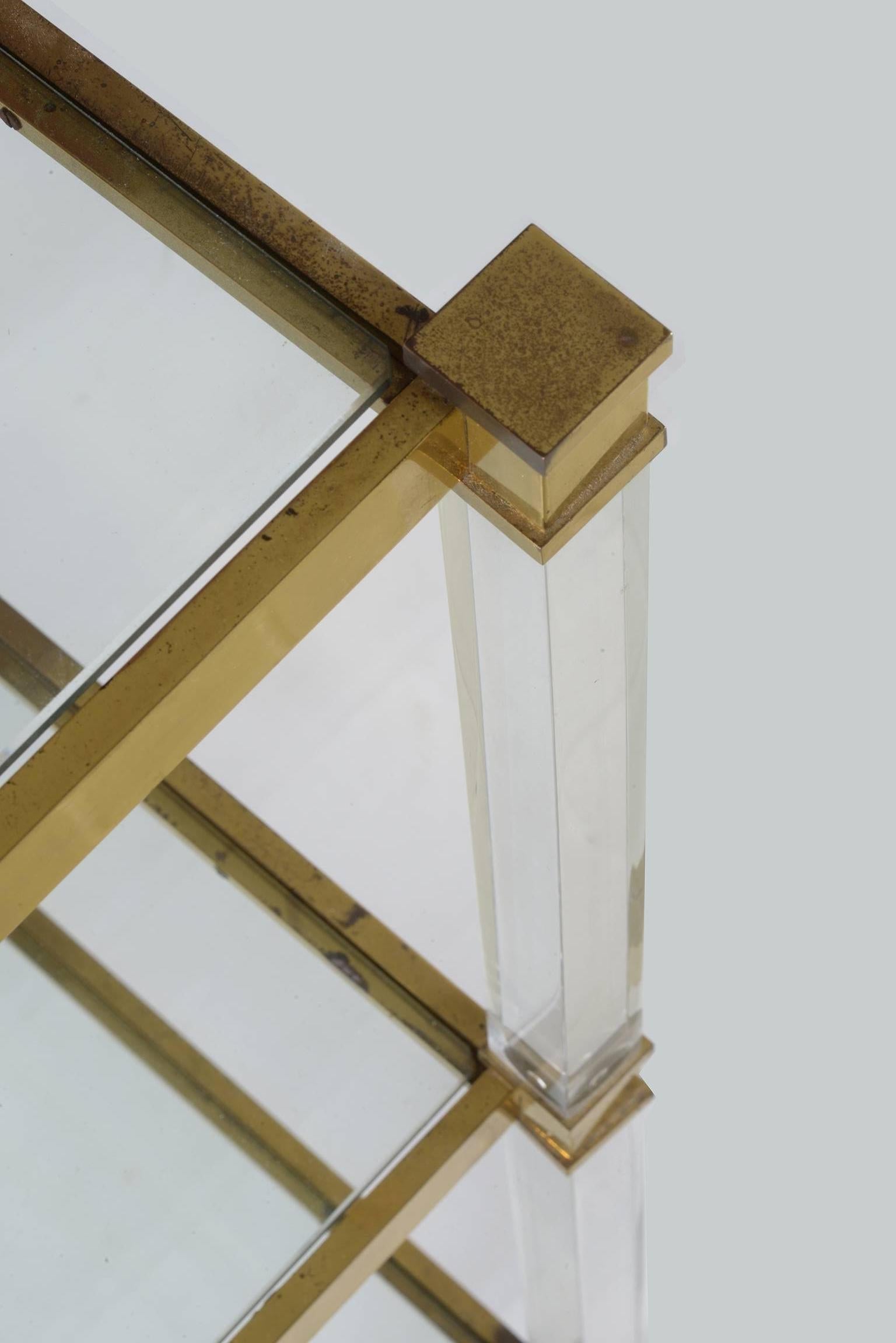 Italian Midcentury Lucite, Brass and Glass Shelf-Console-Étagère
