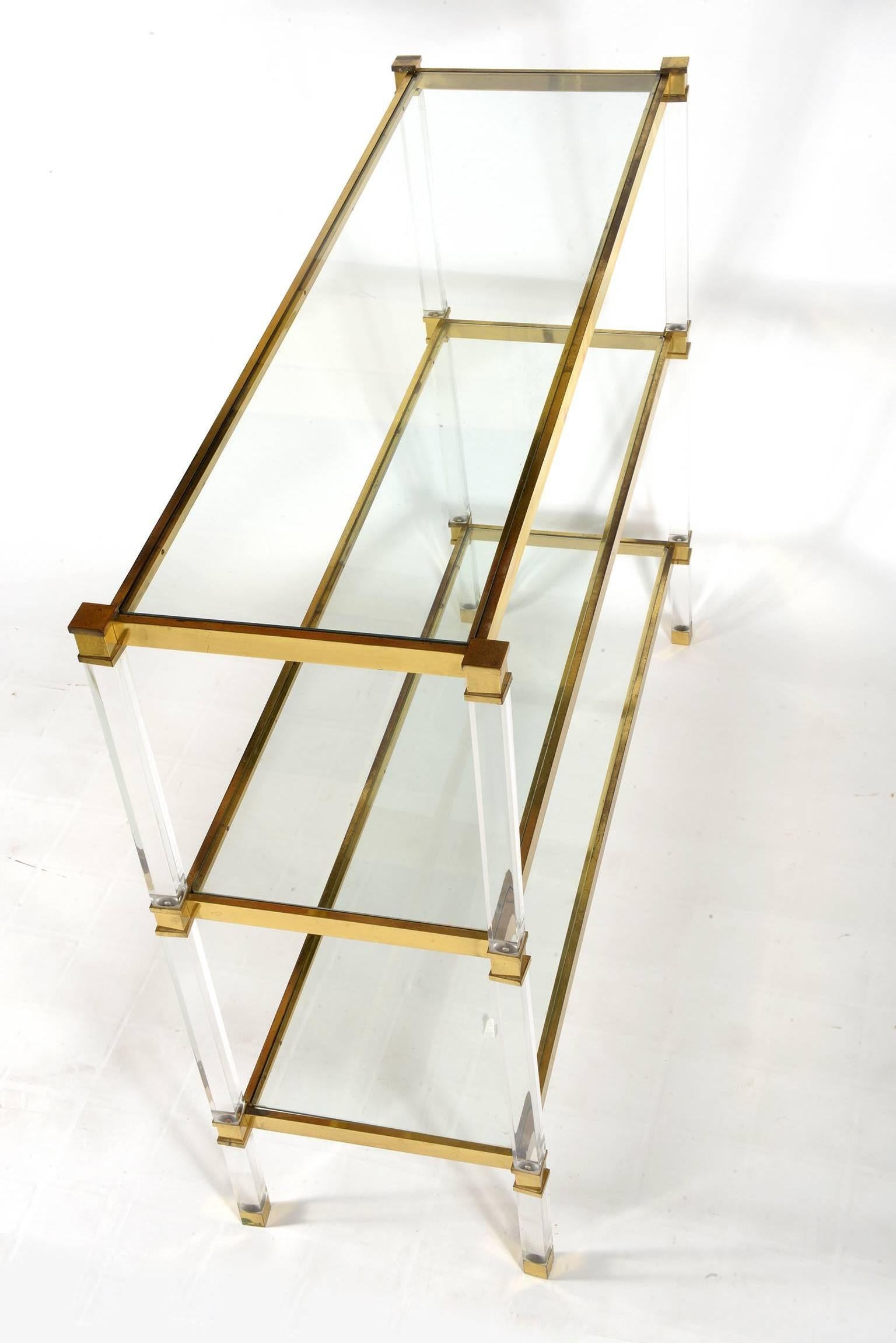 Mid-Century Modern Midcentury Lucite, Brass and Glass Shelf-Console-Étagère