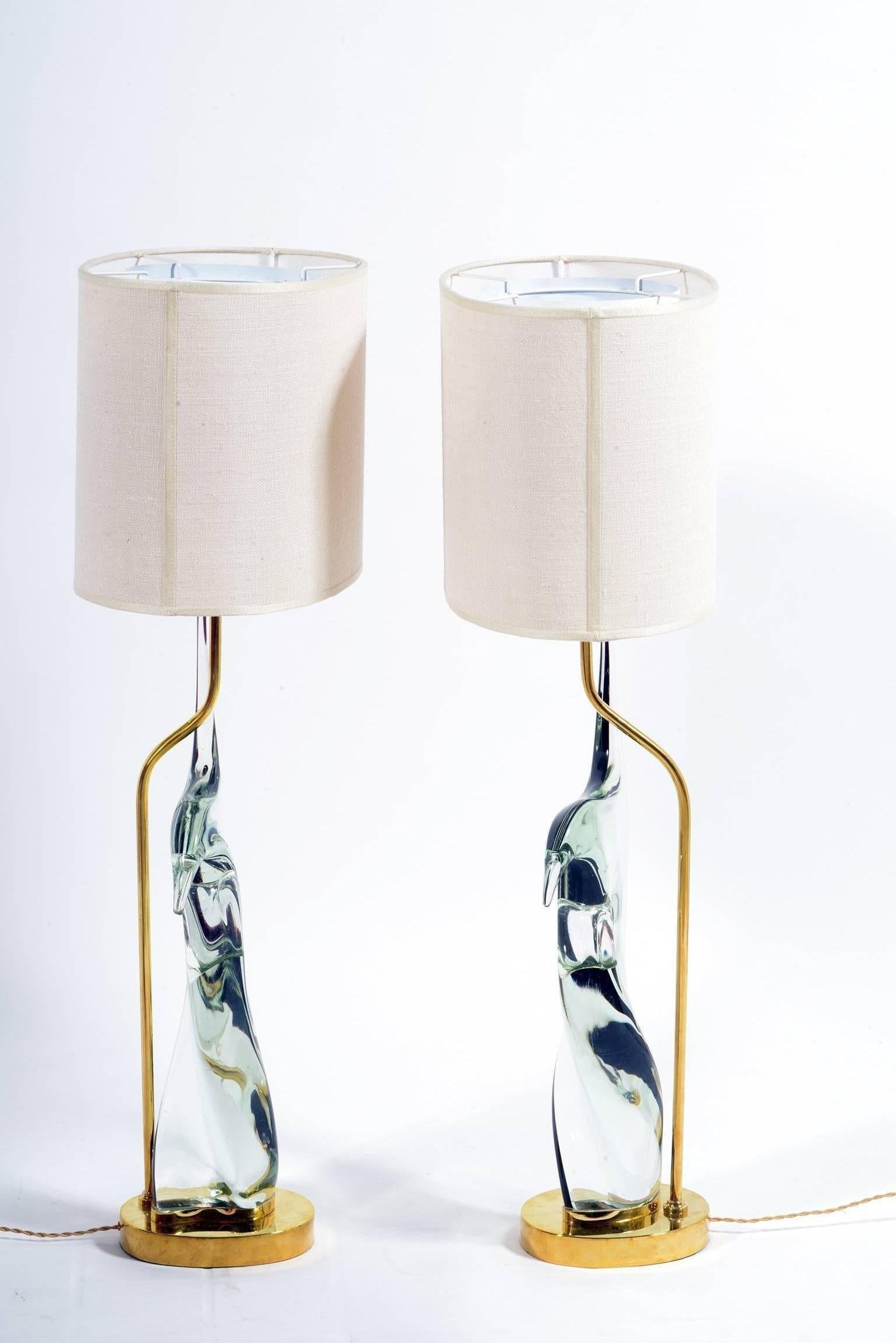 Mid-20th Century Midcentury Table Lamps Transparent Murano Glass and Brass by Cenedese