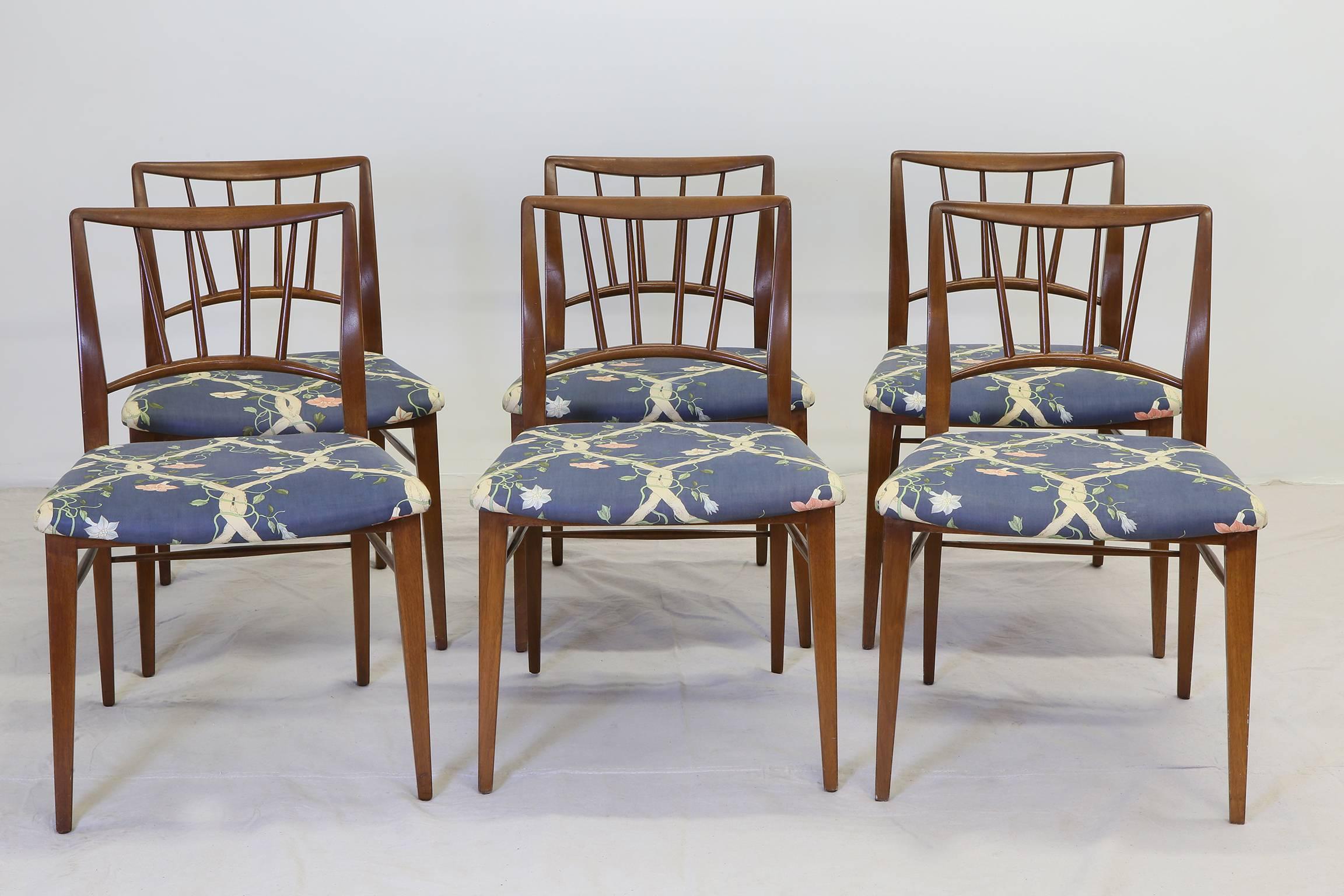 Upholstery Set of Six Walnut Dining Chairs by Edward Wormley for Dunbar 