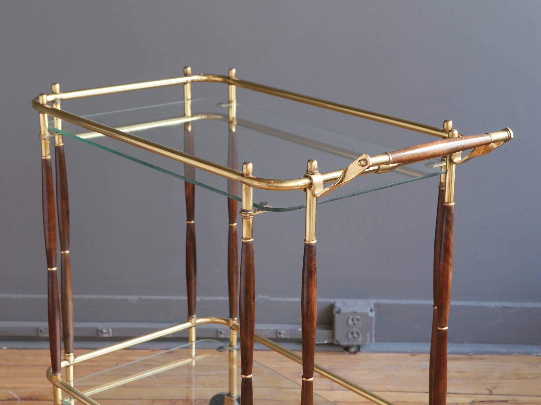 Mid-20th Century Italian Brass and Walnut Bar Cart in the Style of Cesare Lacca