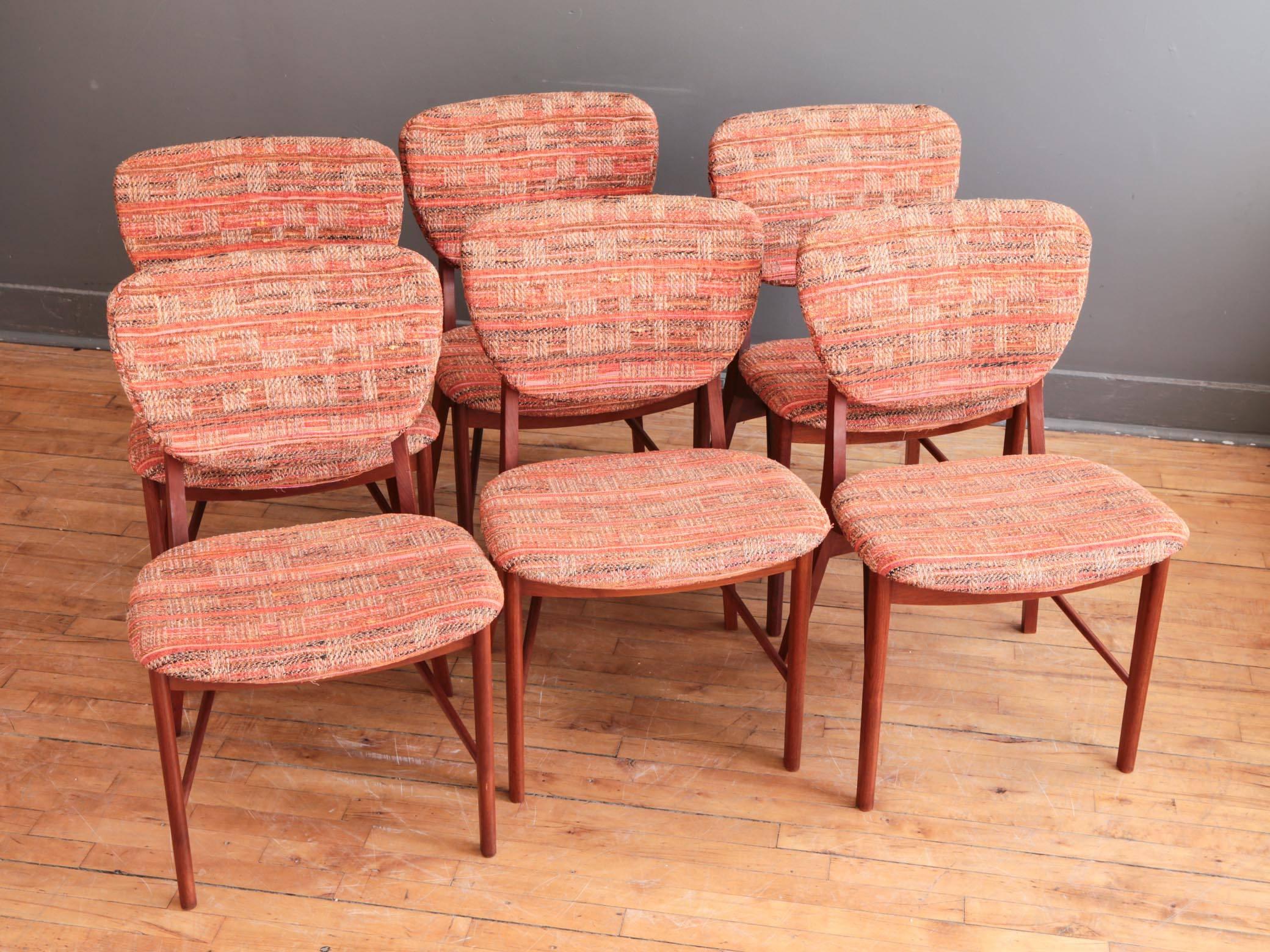 A handsome set of six dining chairs designed by Neils Vodder, circa 1950s. Each chair featuring a solid frame of old growth teak with an upholstered seat and back. Branded Neils Vodder mark to underside of each chair. 

A comfortable and