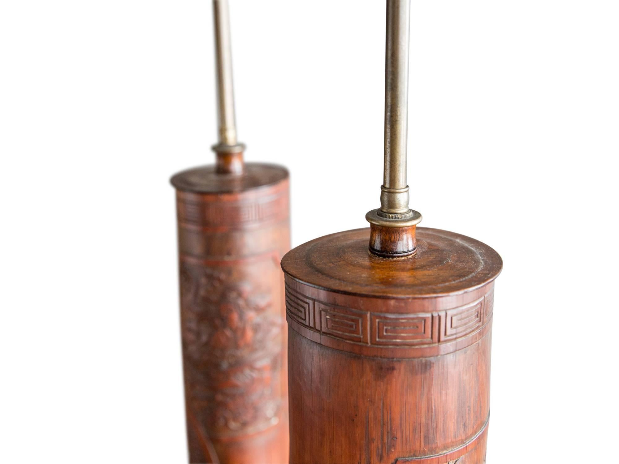 Chinese Export Antique Chinese Carved Bamboo Table Lamps For Sale