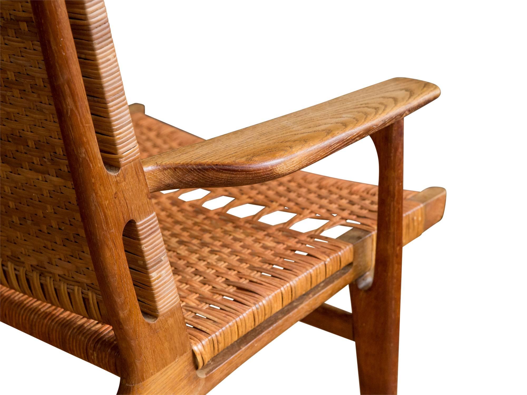 Danish Model CH-27 Oak and Cane Lounge Chairs by Hans J. Wegner For Sale