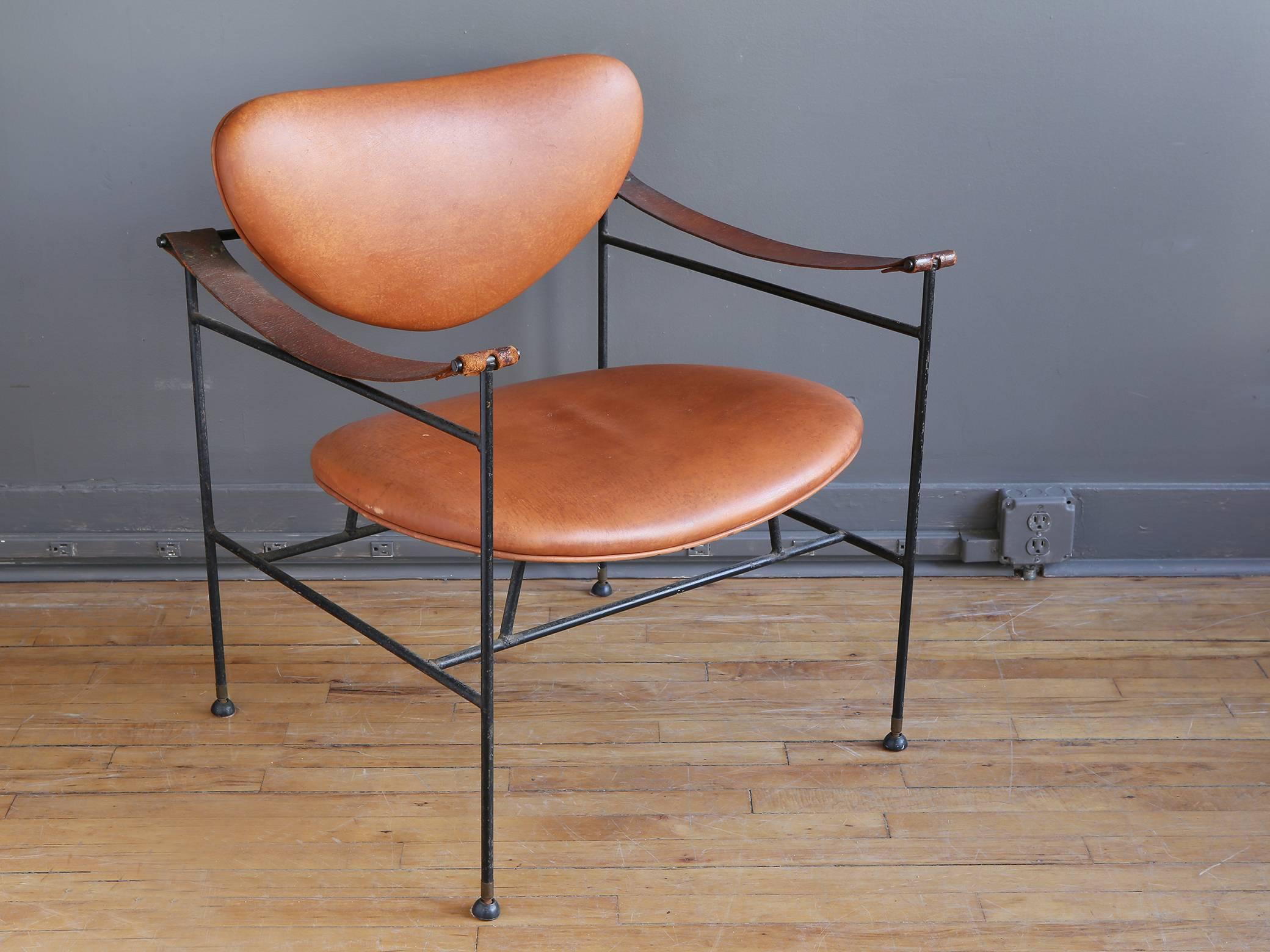 Mid-Century Modern Wrought Iron and Leather Lounge Chair in the Style of Finn Juhl
