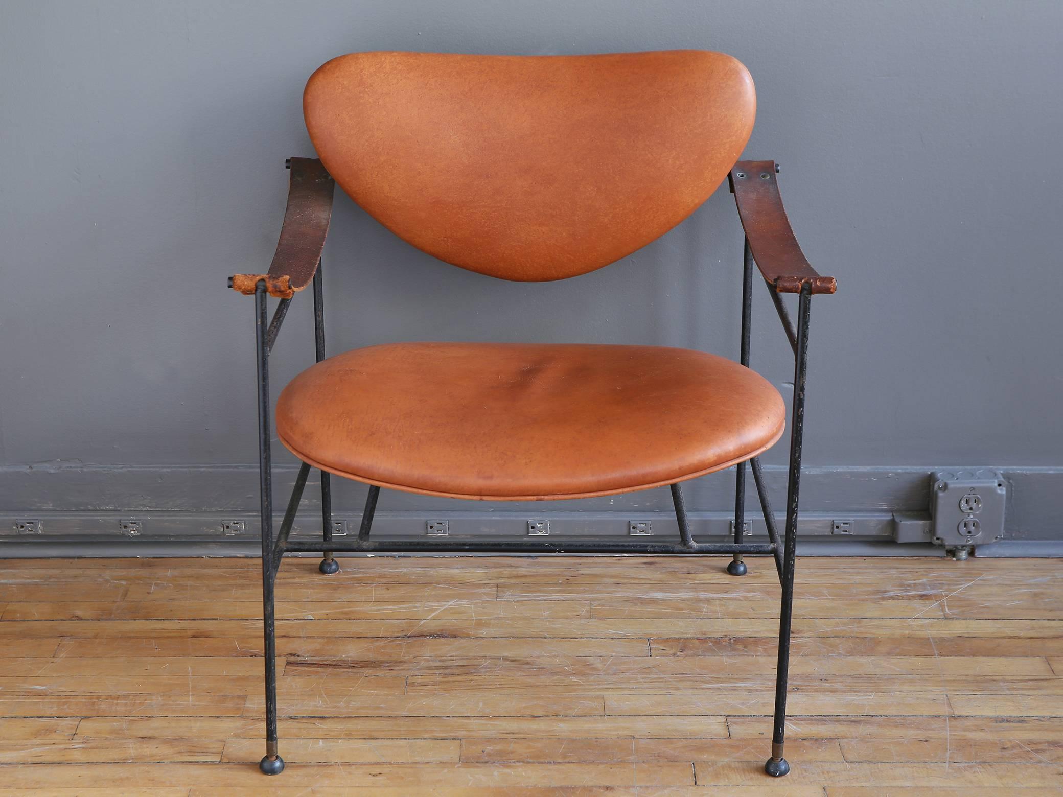Danish Wrought Iron and Leather Lounge Chair in the Style of Finn Juhl