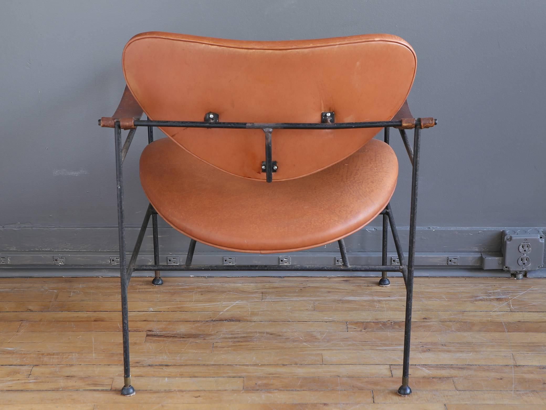 Wrought Iron and Leather Lounge Chair in the Style of Finn Juhl In Good Condition In Cambridge, MA