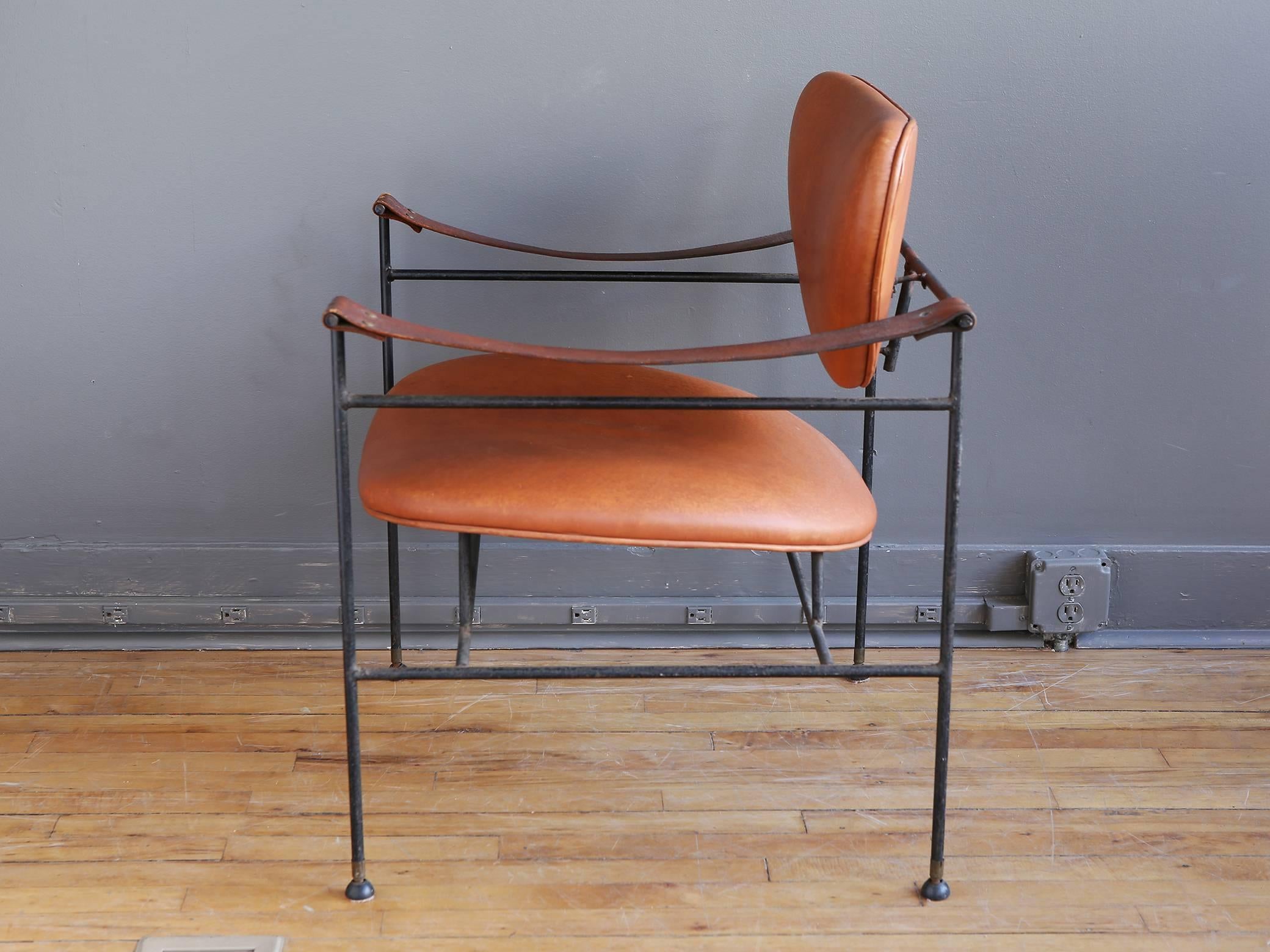 Mid-20th Century Wrought Iron and Leather Lounge Chair in the Style of Finn Juhl
