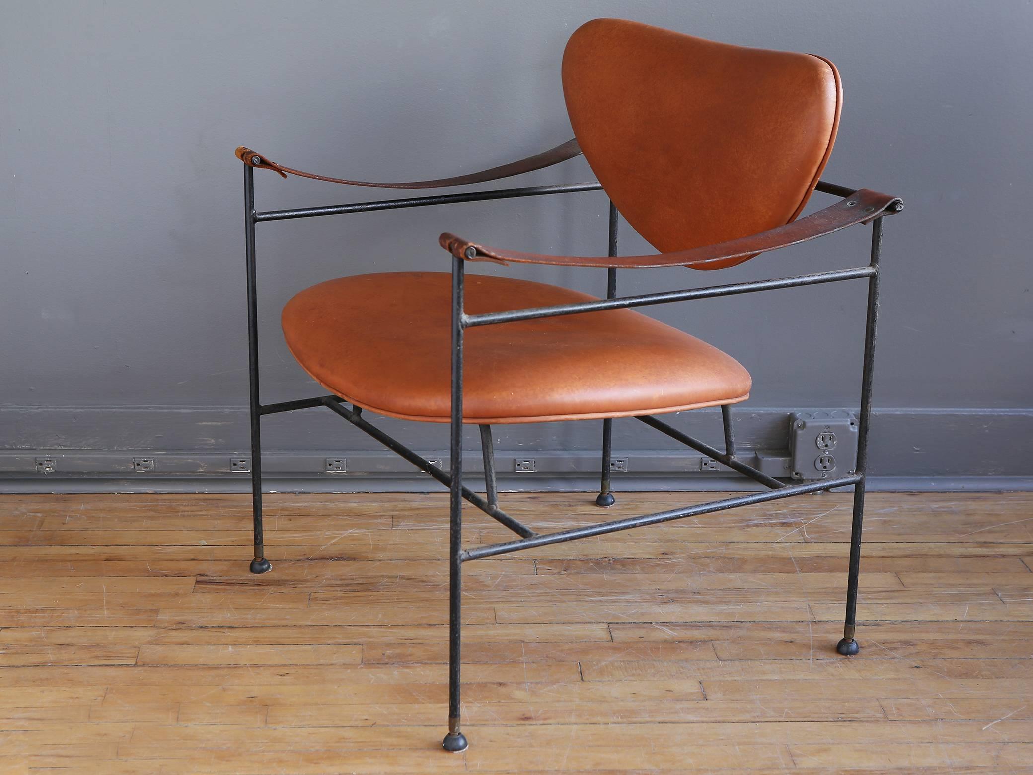 Brass Wrought Iron and Leather Lounge Chair in the Style of Finn Juhl