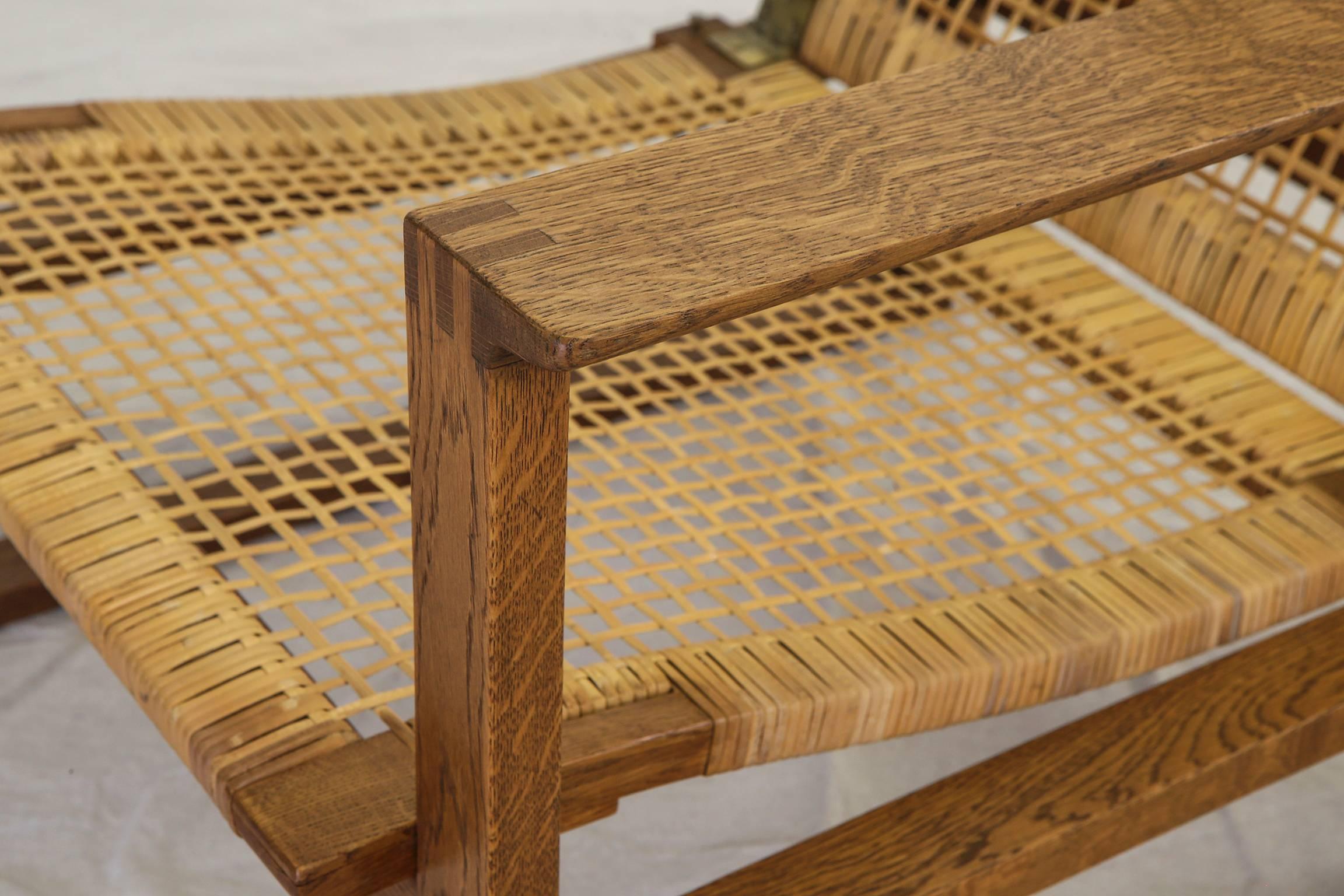 Brass Pair of Oak & Cane Lounge Chairs by Børge Mogensen for Fredericia Stolefabrik