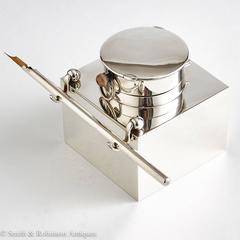 Silver Clock Inkwell with Pen by Goldsmith & Silversmith Co, London, 1905