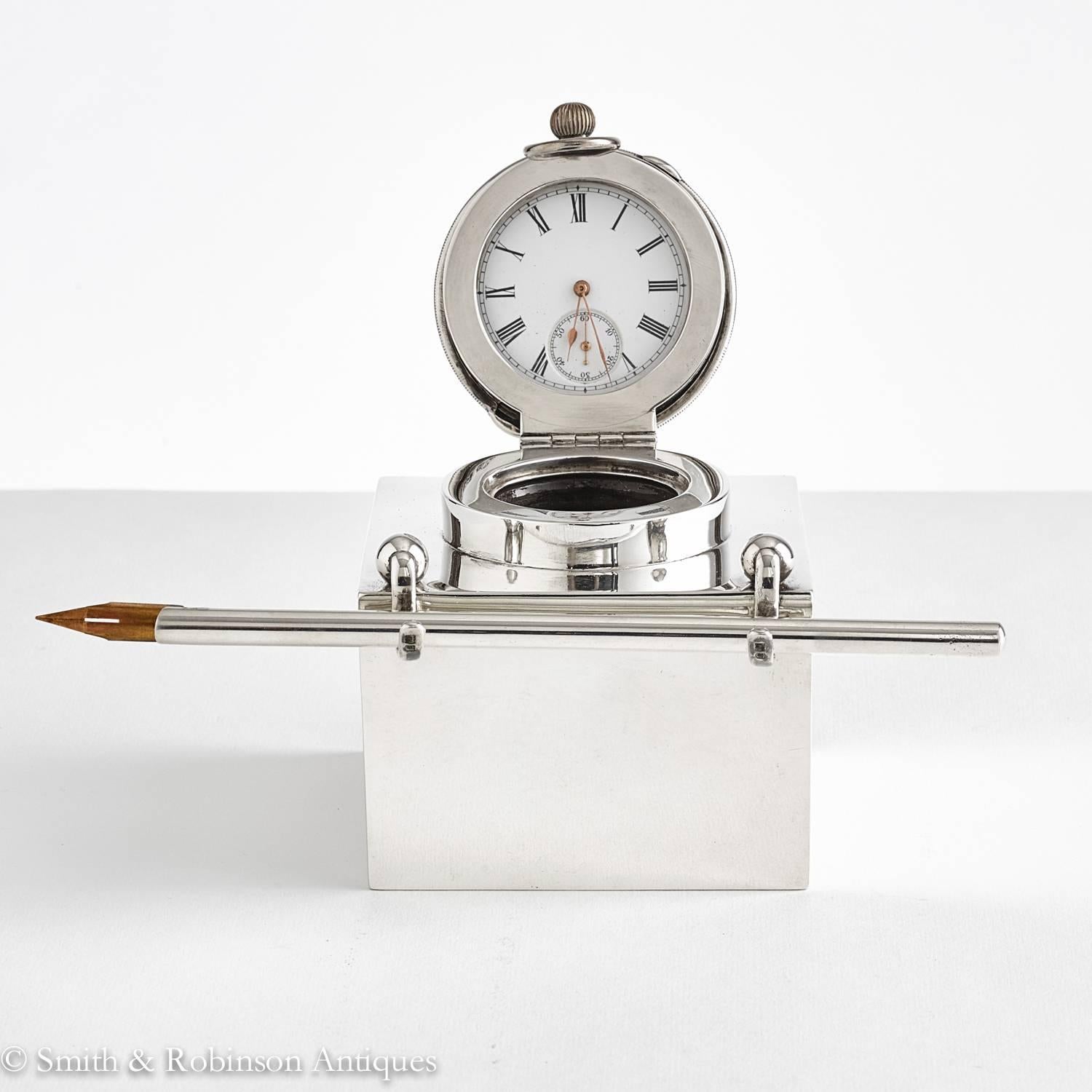 British Silver Clock Inkwell with Pen by Goldsmith & Silversmith Co, London, 1905