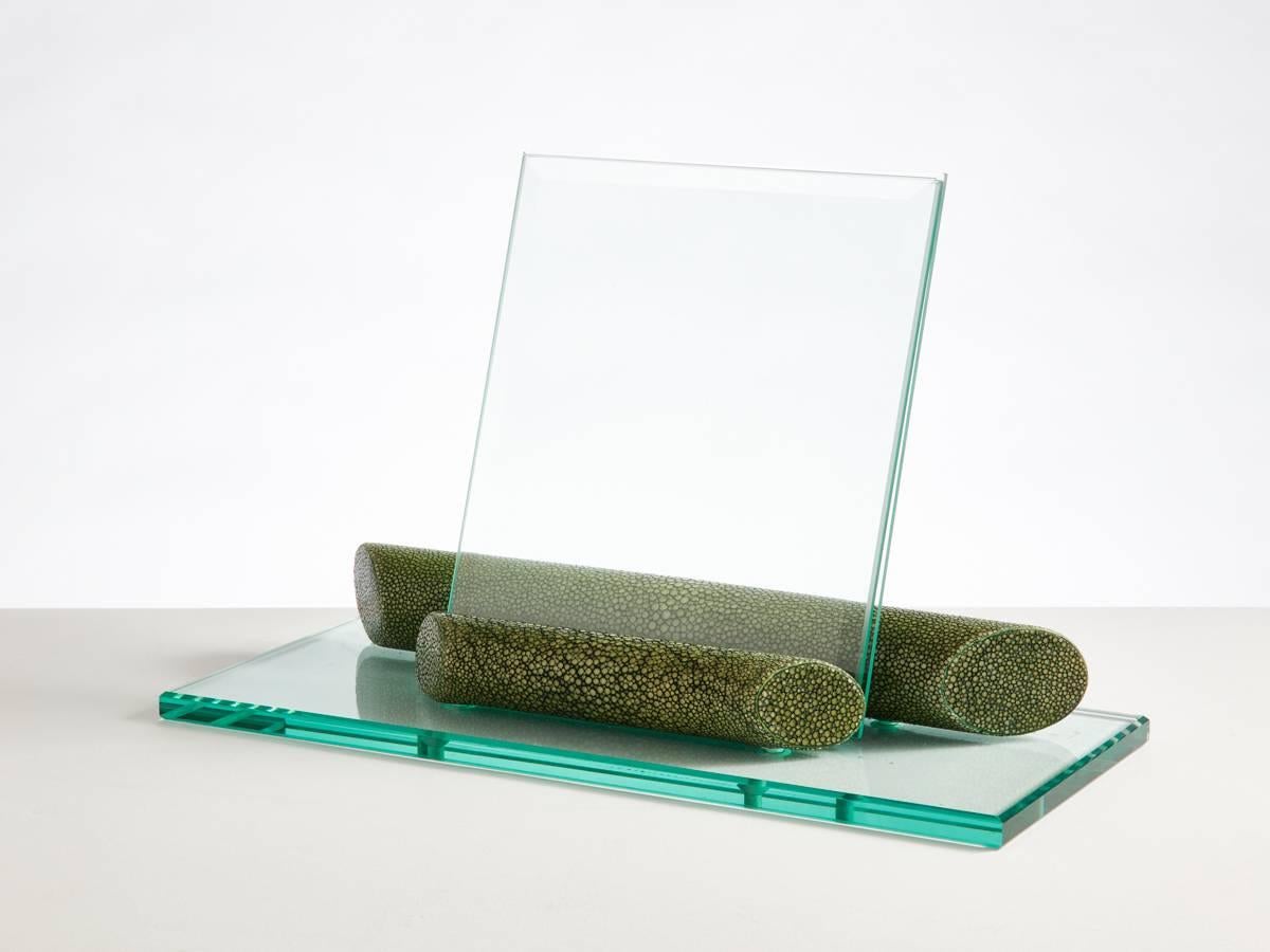 Modernist shagreen and glass tray with roll handles
circa 1980 
A great piece for displaying barware items.
L 17