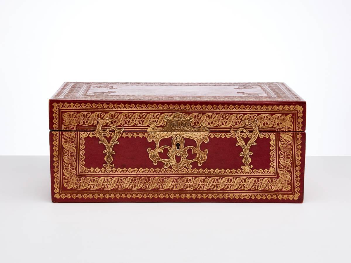 Early 20th Century Morocco Leather Document Box with Gold Decoration, French, circa 1925-1930