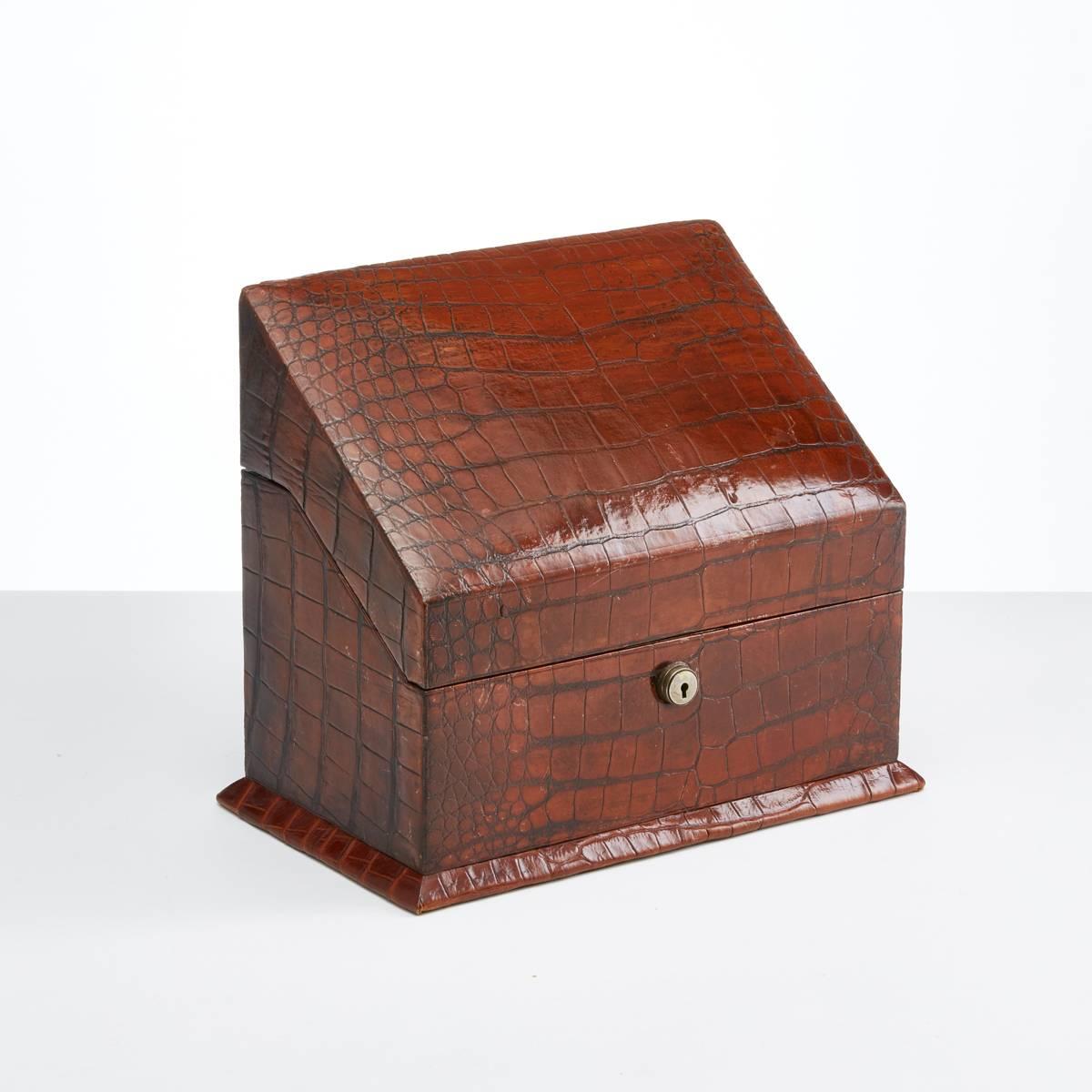 Crocodile letter box by Barrett & Sons 63-64 Piccadilly London, circa 1910

This piece is in very good condition with just a few small surface scratches 
around the lock.
The Morocco leather and silk lined interior are in excellent
