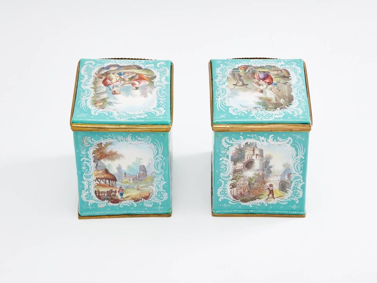 Copper Pair of 18th Century French Enamel Tea Caddies, circa 1780-1790