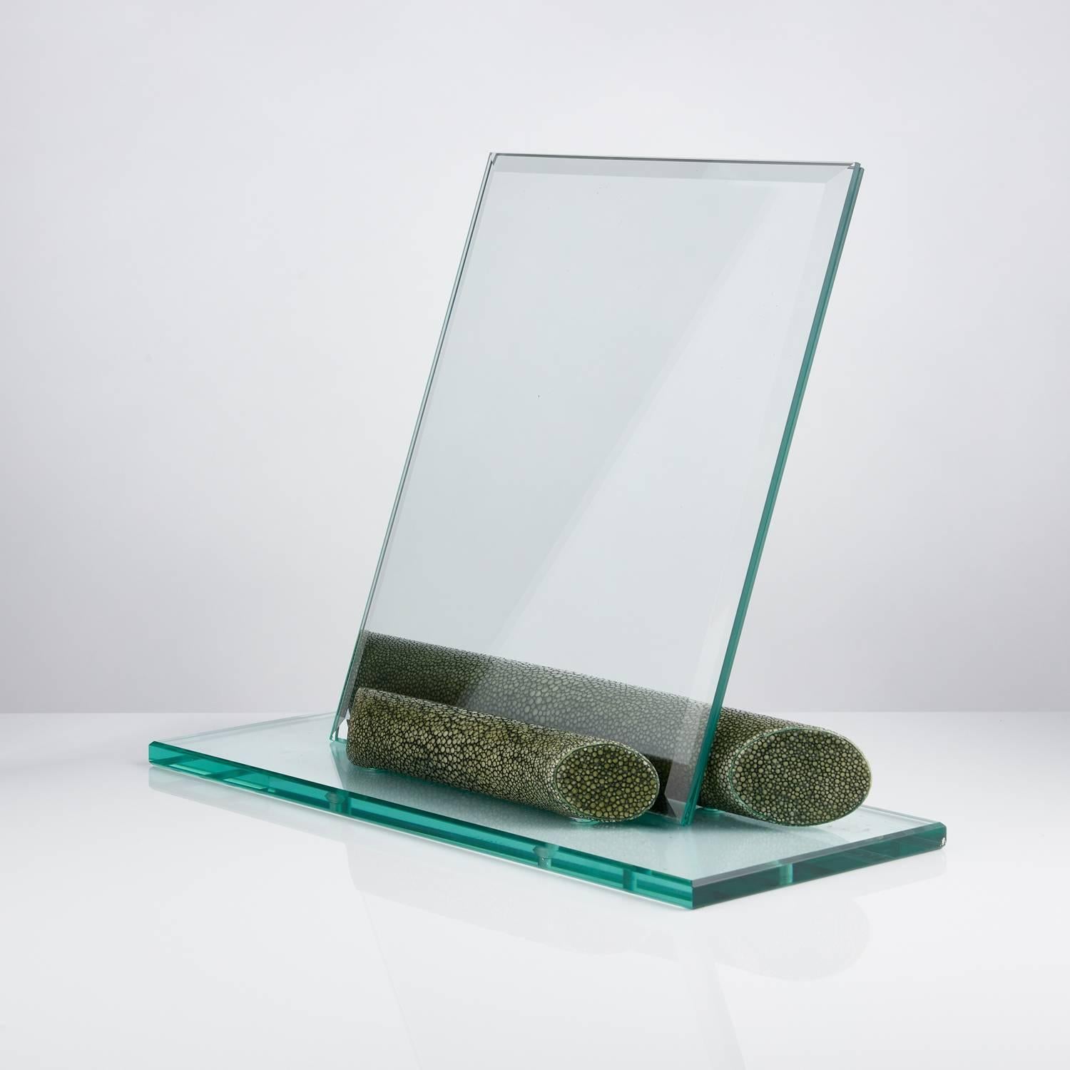 Mid-20th century Shagreen photograph frame mounted on a bevelled glass base and support French, circa 1980.