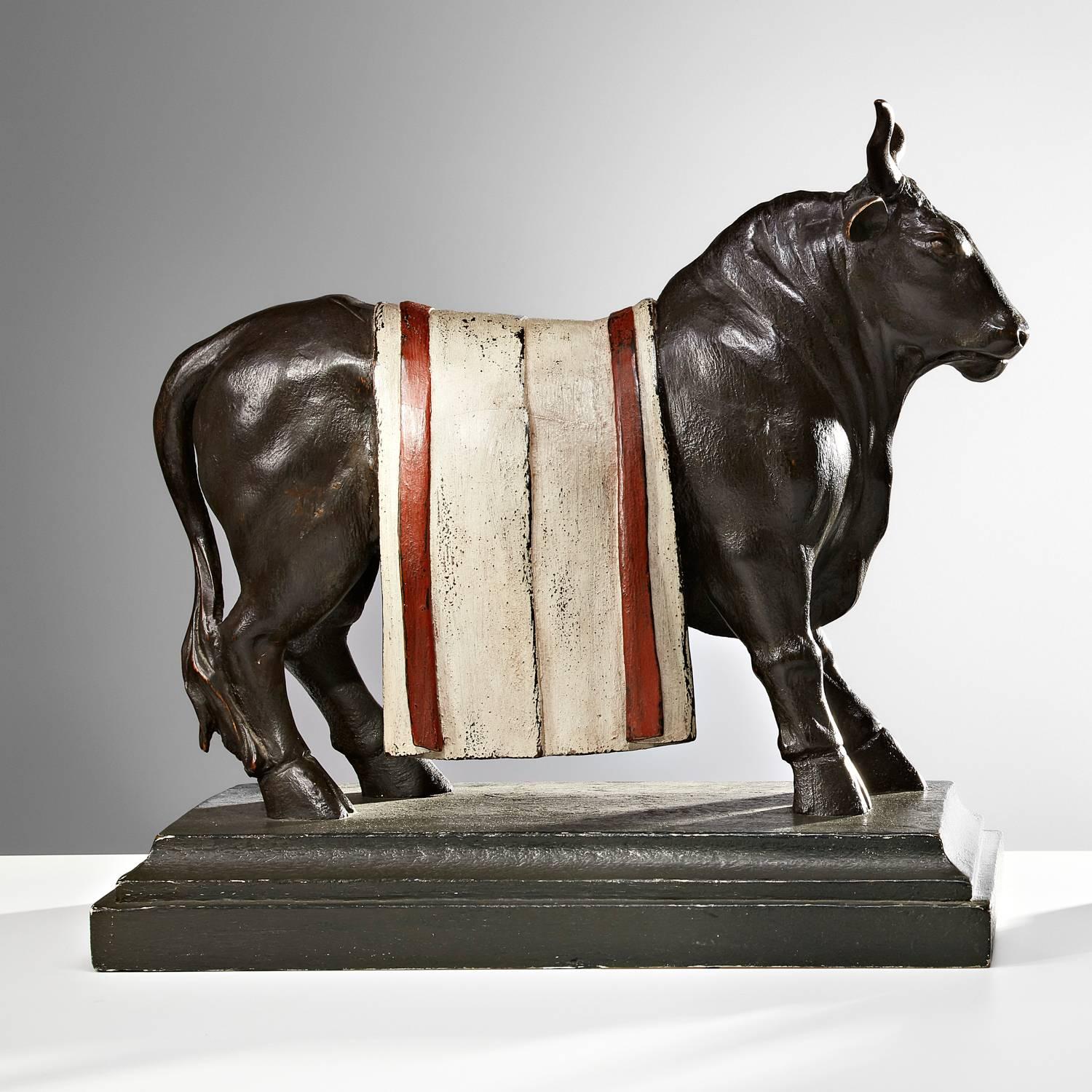 Spanish Colonial Pair of Carved Wooden Bull Sculptures Europe Circa 1840 For Sale