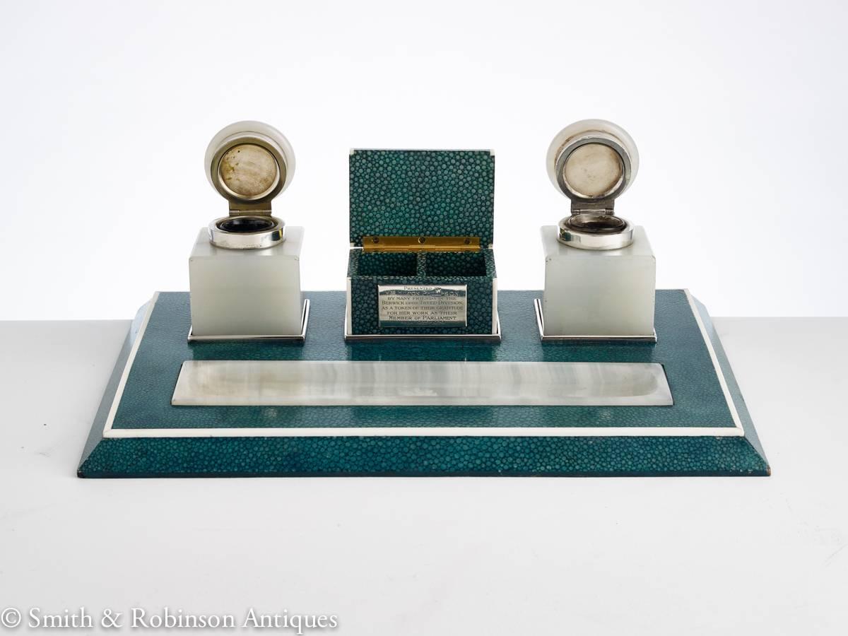 Early 20th Century Mid-20th century Art Deco Shagreen desk inkwell  Asprey dated London 1929