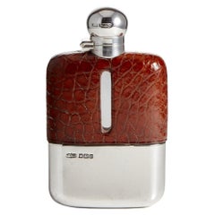 Used Crocodile Sterling Silver Hip Flask by J Dixon & Son England circa 1913