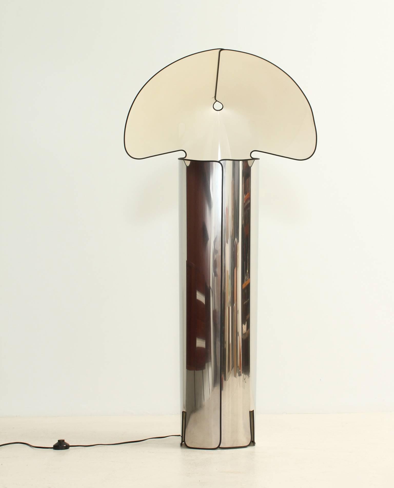 Chiara floor lamp designed in 1967 by Mario Bellini for Flos, Italy. Made of one sheet of folded stainless steel.