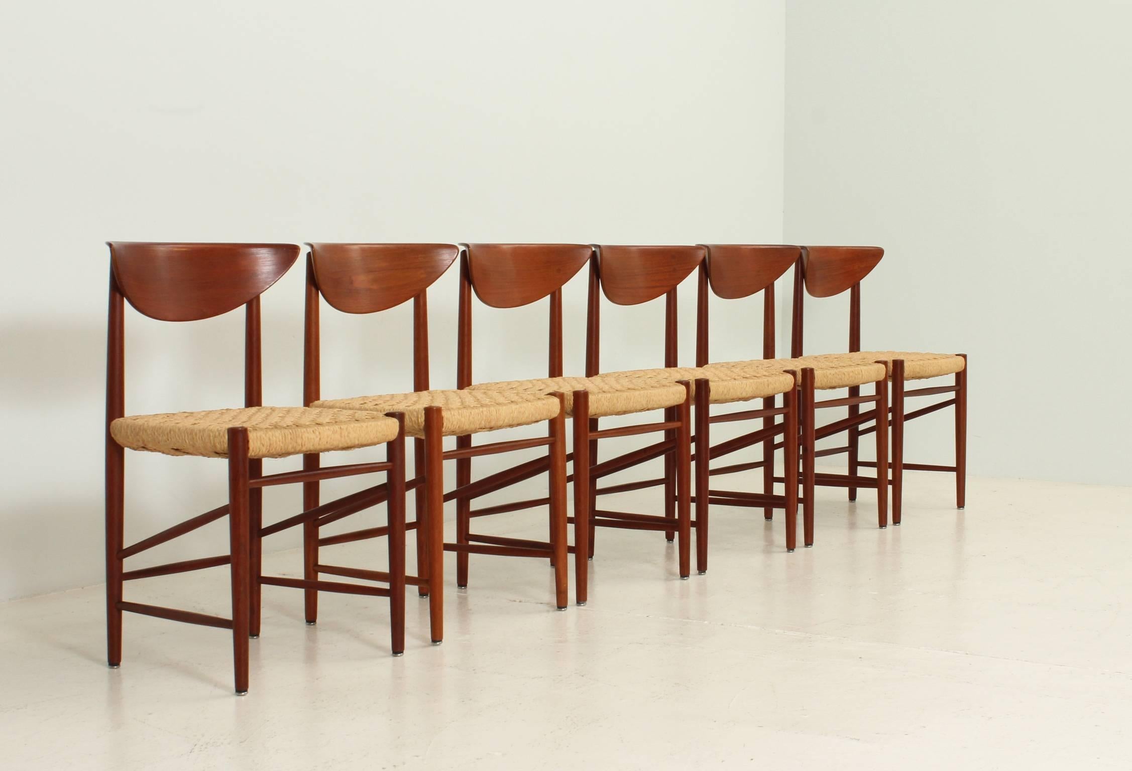 Set of six dining chairs model 316 designed by Danish designers Peter Hvidt and Orla Mølgaard-Nielsen in 1955 for Søborg Møbelfabrik. Teak wood and new woven cane seats.