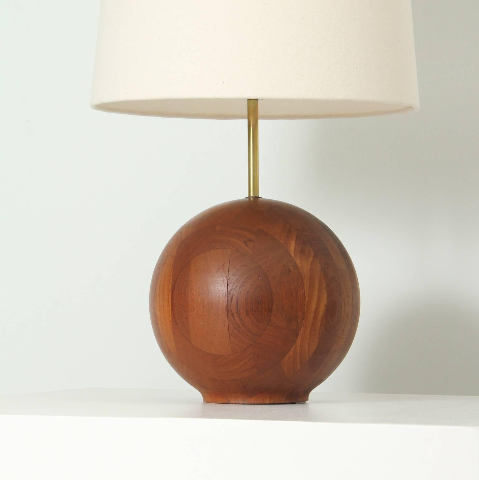 Danish table lamp with solid teak base, brass and shade with new fabric, Denmark, 1960s.