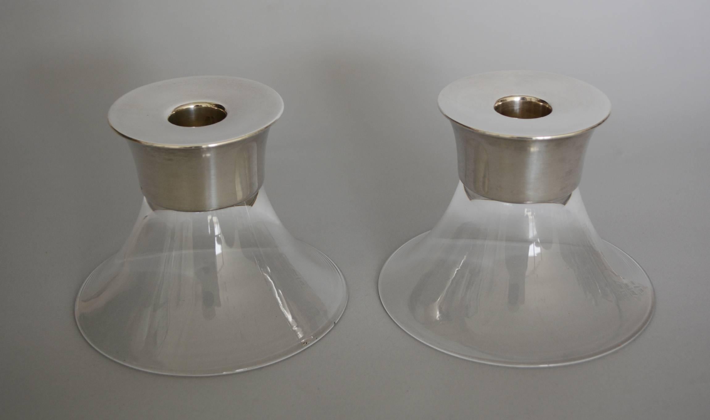 American Pair of Allan Adler Sterling and Glass Candle Holders
