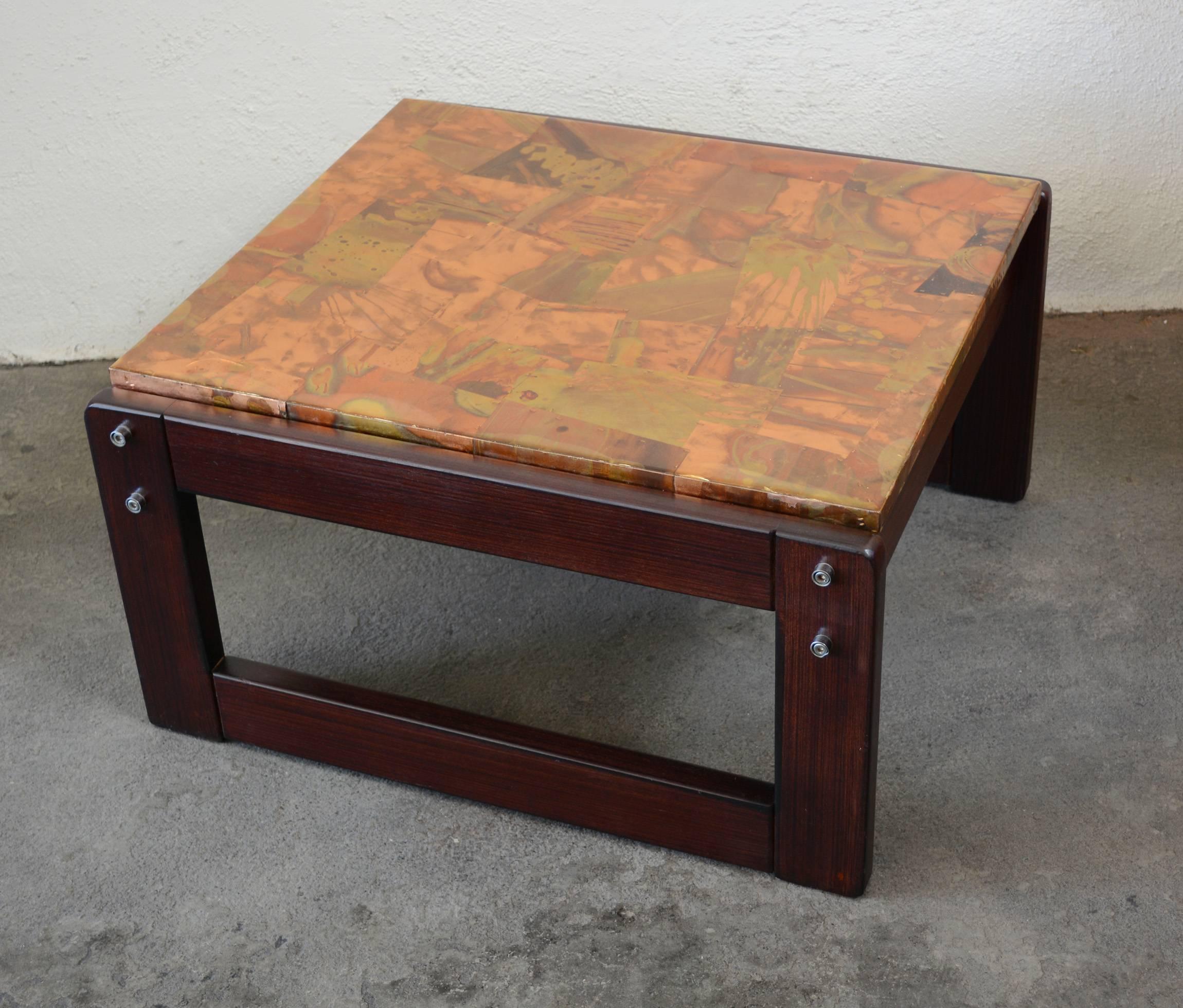 Brazilian Rosewood Table with Patchwork Copper Top by Percival Lafer