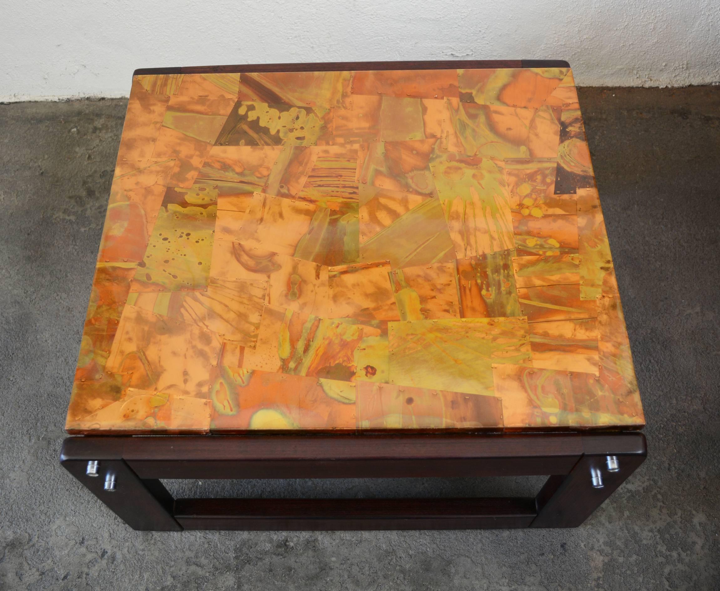 Rosewood Table with Patchwork Copper Top by Percival Lafer In Good Condition In San Mateo, CA