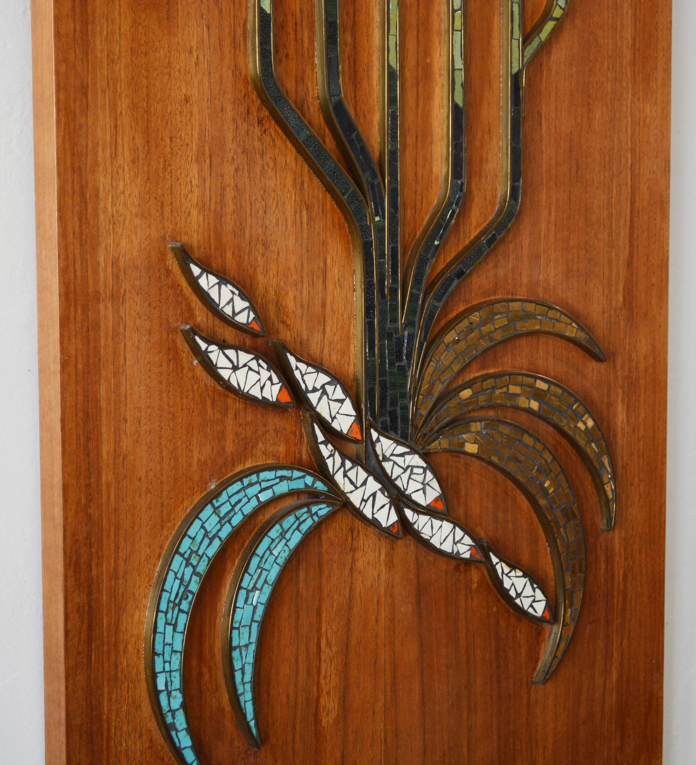 Mid-20th Century Walnut Brass and Glass Mosaic Wall Hanging
