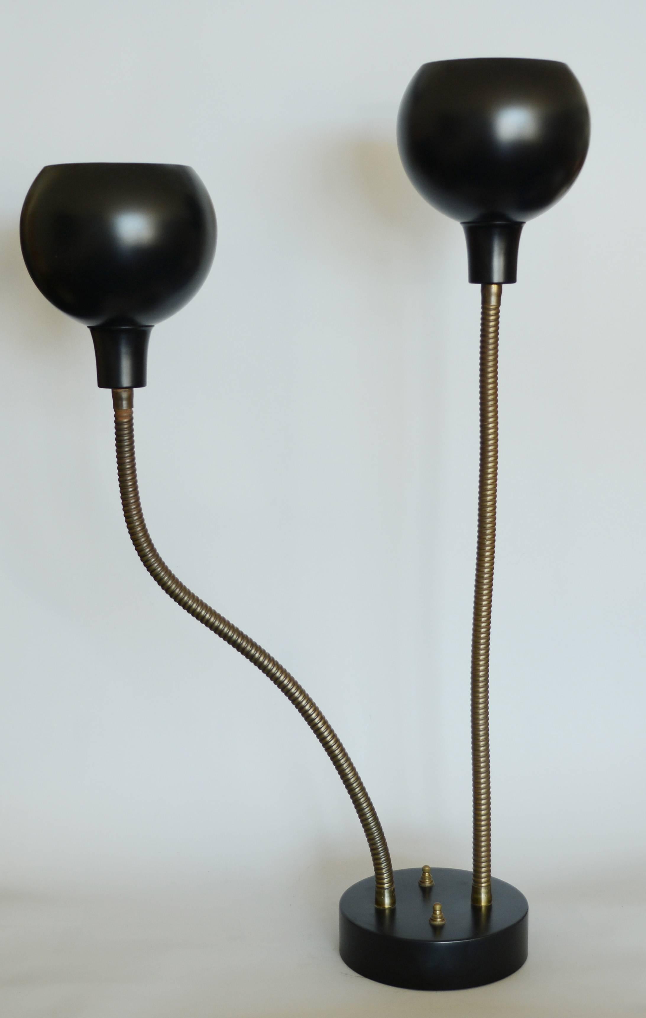 Double gooseneck table or desk lamp. The two spherical shades can be positioned any number of ways.