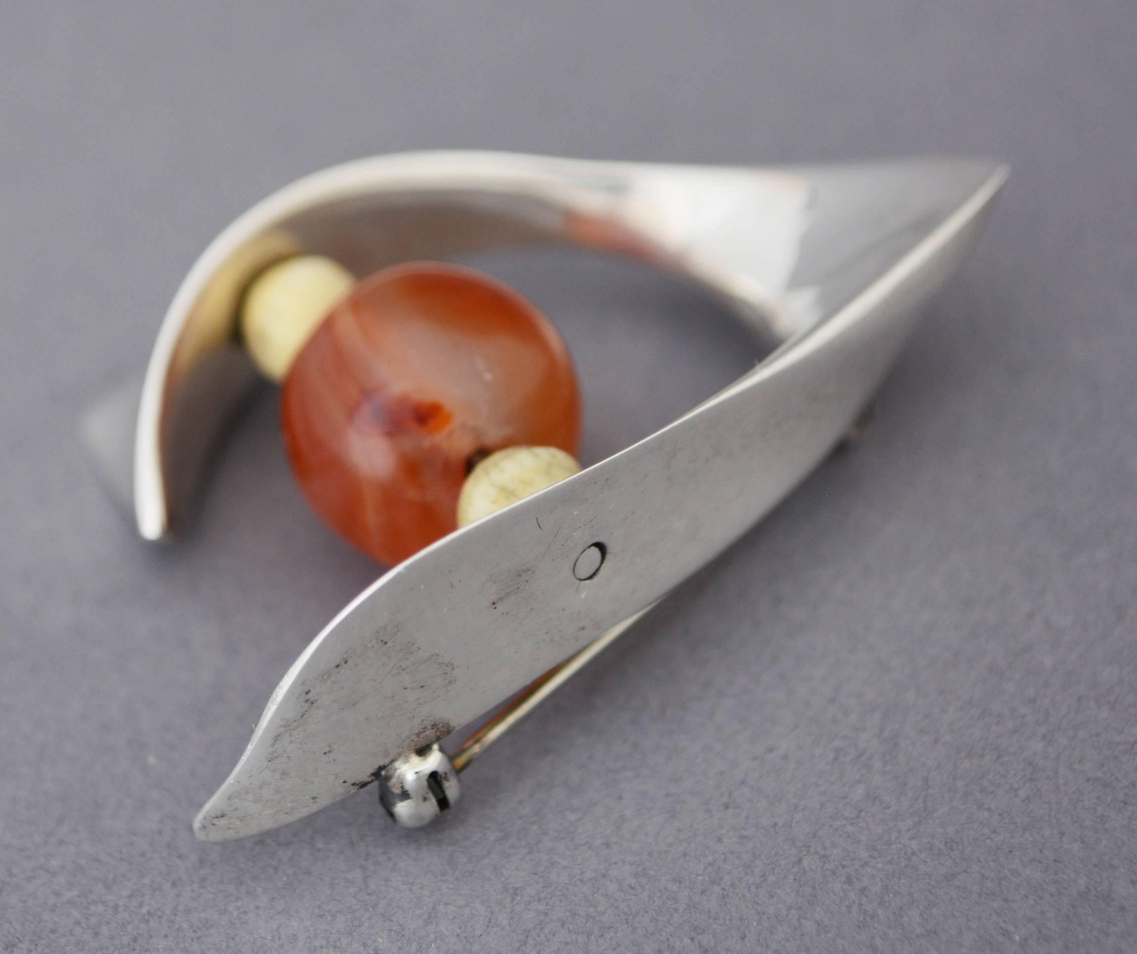 Mid-Century Modern Ronald Hayes Pearson Sterling and Carnelian Brooch