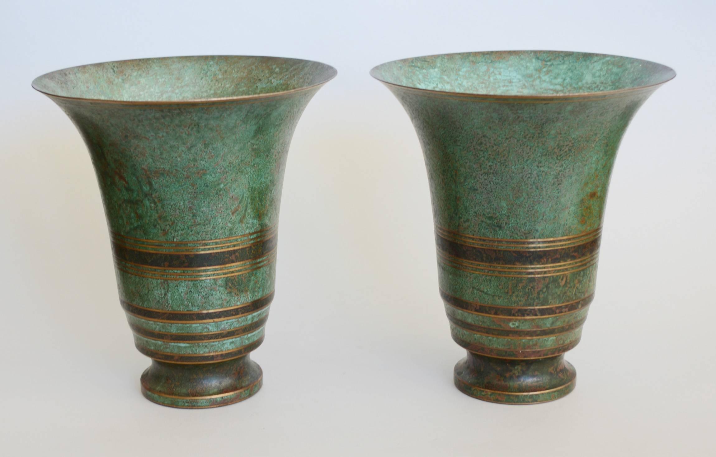 Pair of flaring verdigris bronze vases by Carl Sorensen.