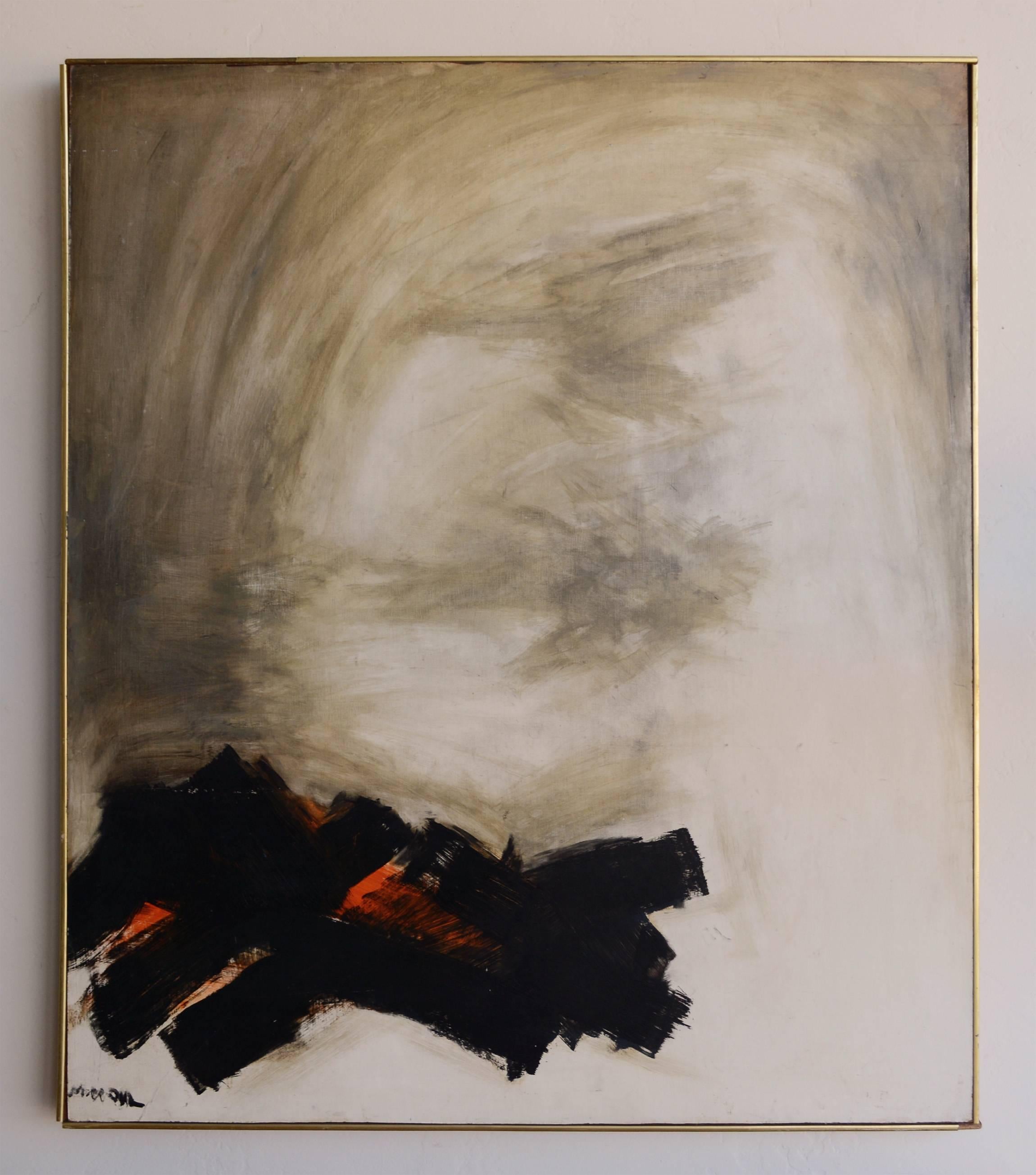 Abstract on masonite by Mildred Wohl (d.1977) American active in New Orleans. This is signed lower left. There is some wear and light marks to the painting. The lower corner has damage to the masonite. Some trim on the frame is missing.