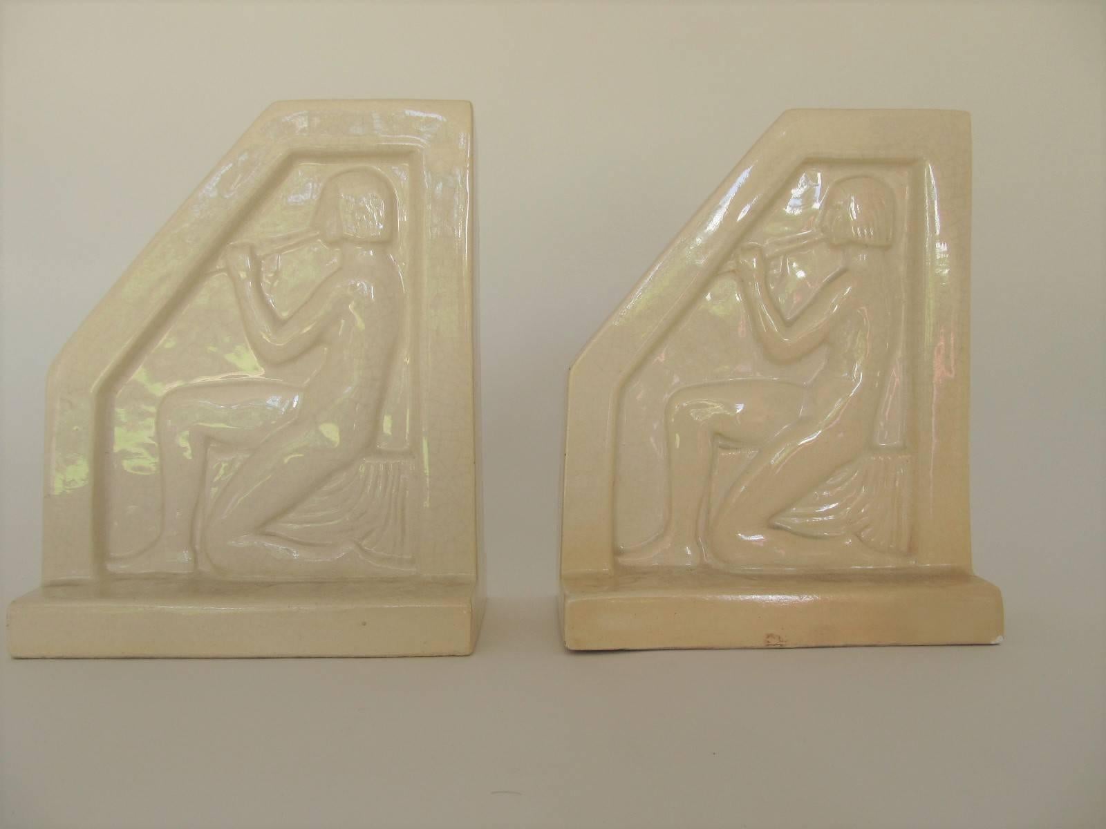 1924, French Art Deco Ceramic Bookends by F Trinque In Good Condition In Papaikou, HI