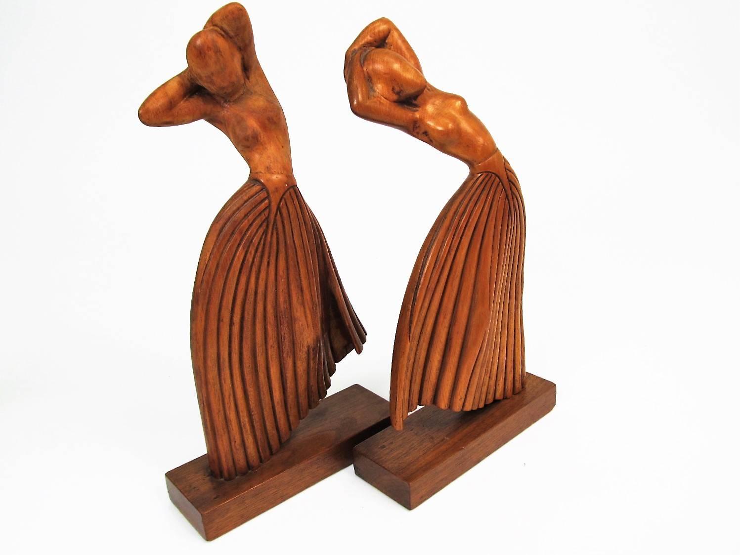 Pair of Hand-Carved Art Deco Dancing Female Figures 1