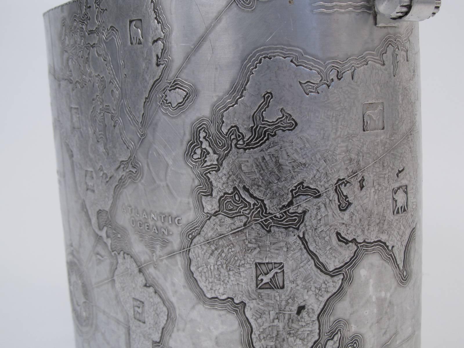 American Arthur Armour Hammered Aluminum Map of the World Waste Basket