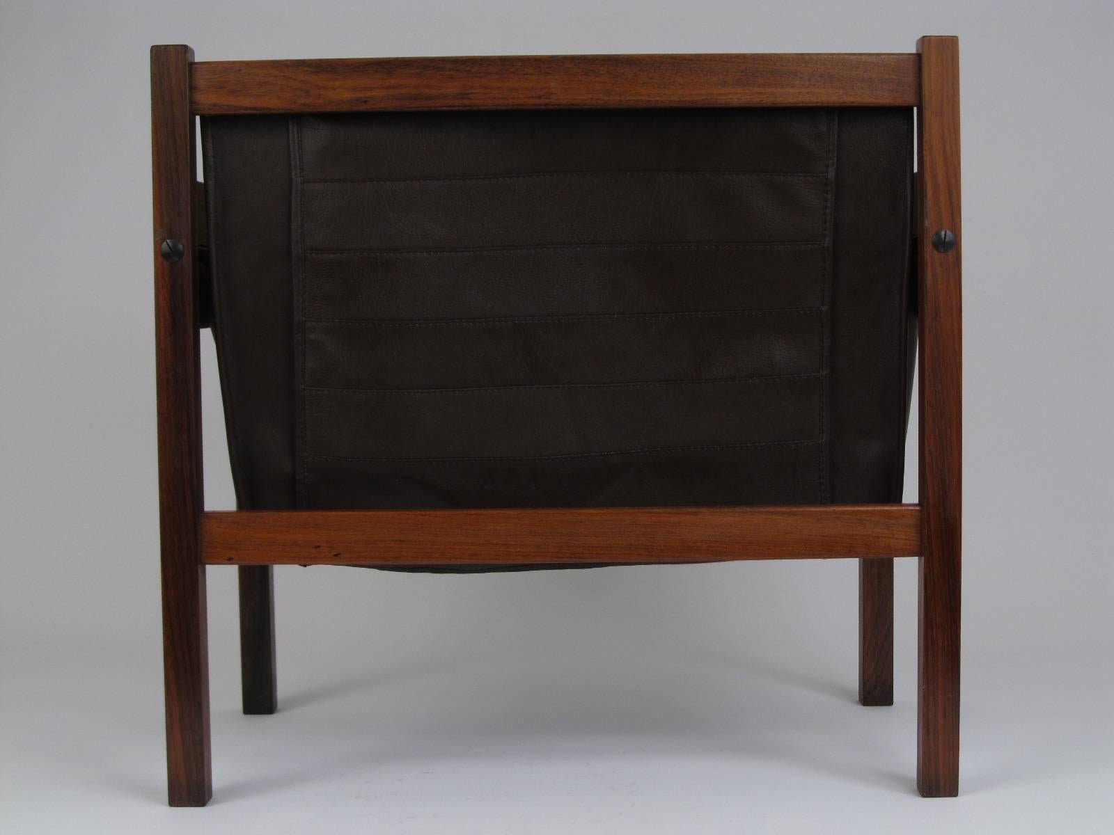 Mid-Century Modern Rosewood and Stitched Leather Magazine Rack