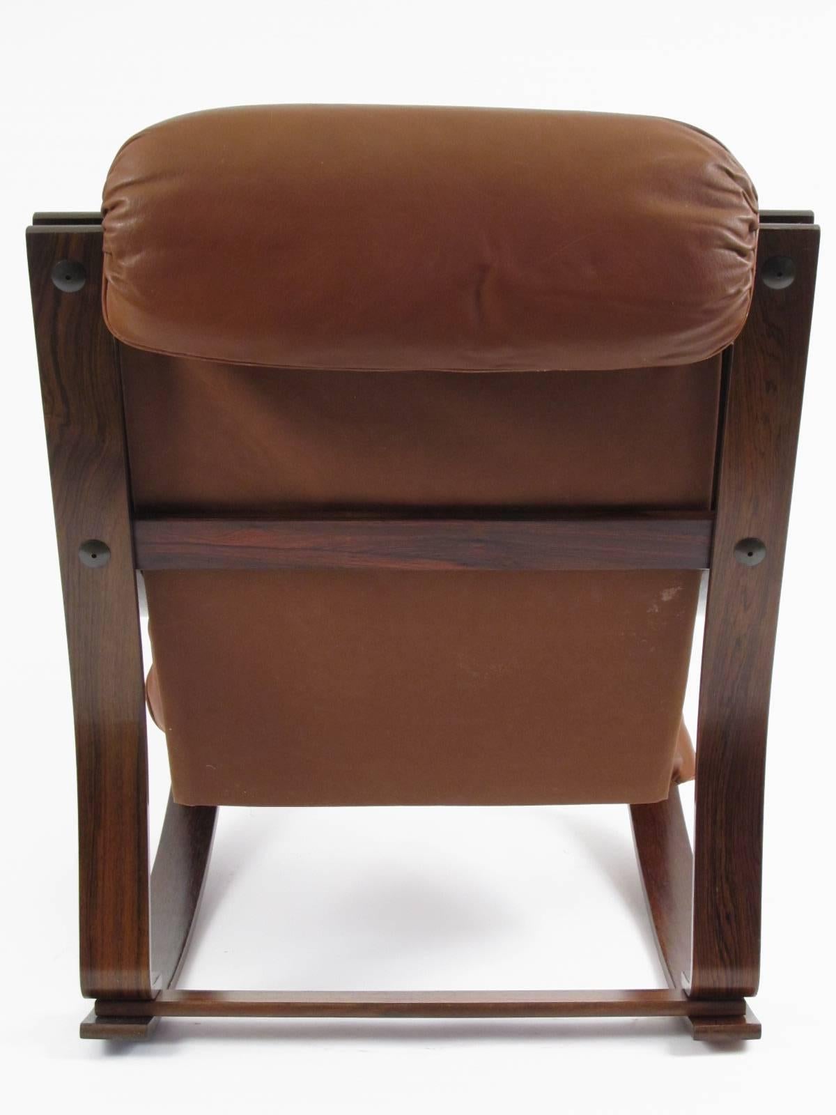 Scandinavian Modern Rosewood and Leather Westnofa Norwegian Rocking Chair  