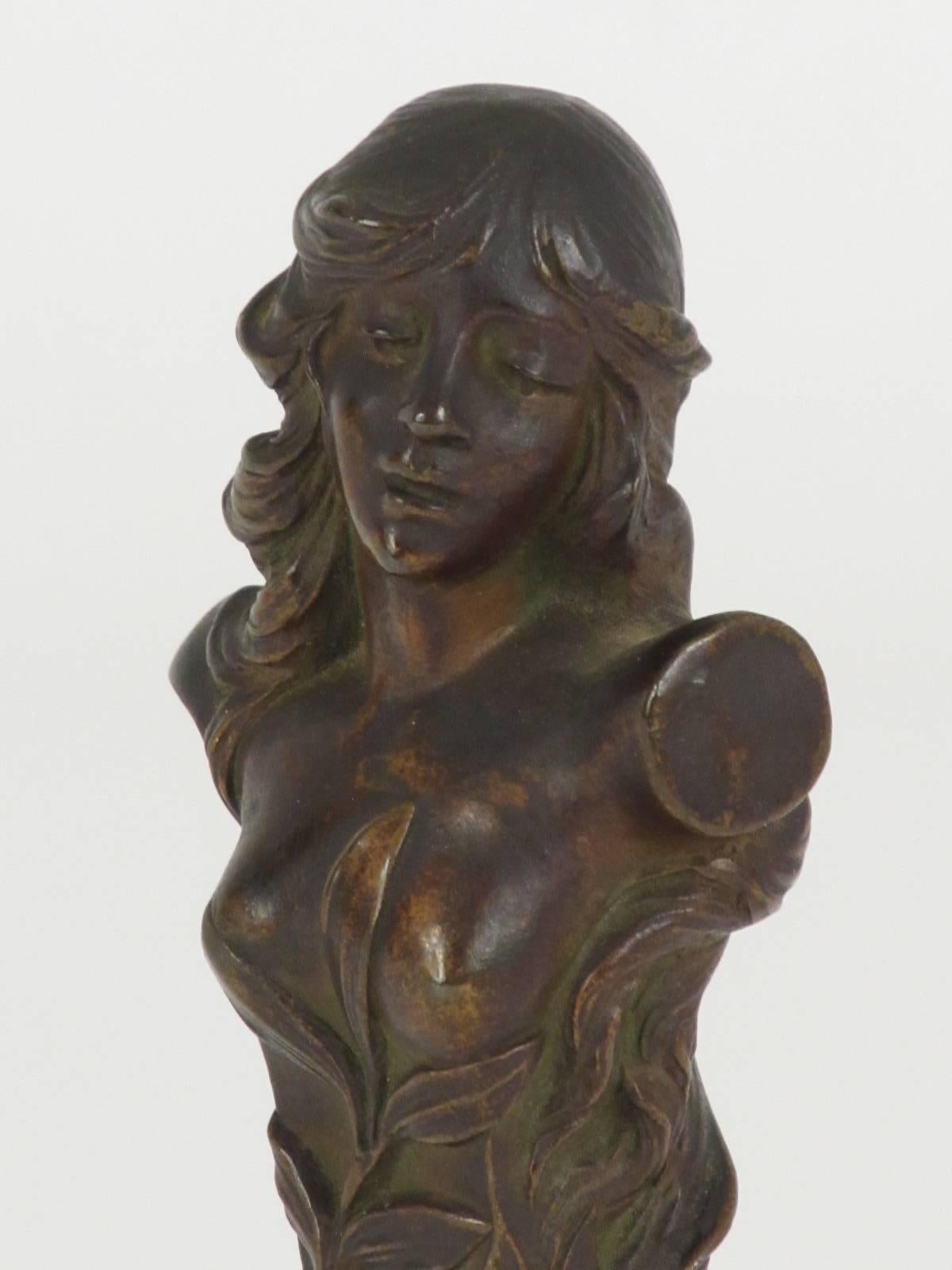 American Lovely Diminutive Art Nouveau Bronze Bust on a Red Stone Base For Sale