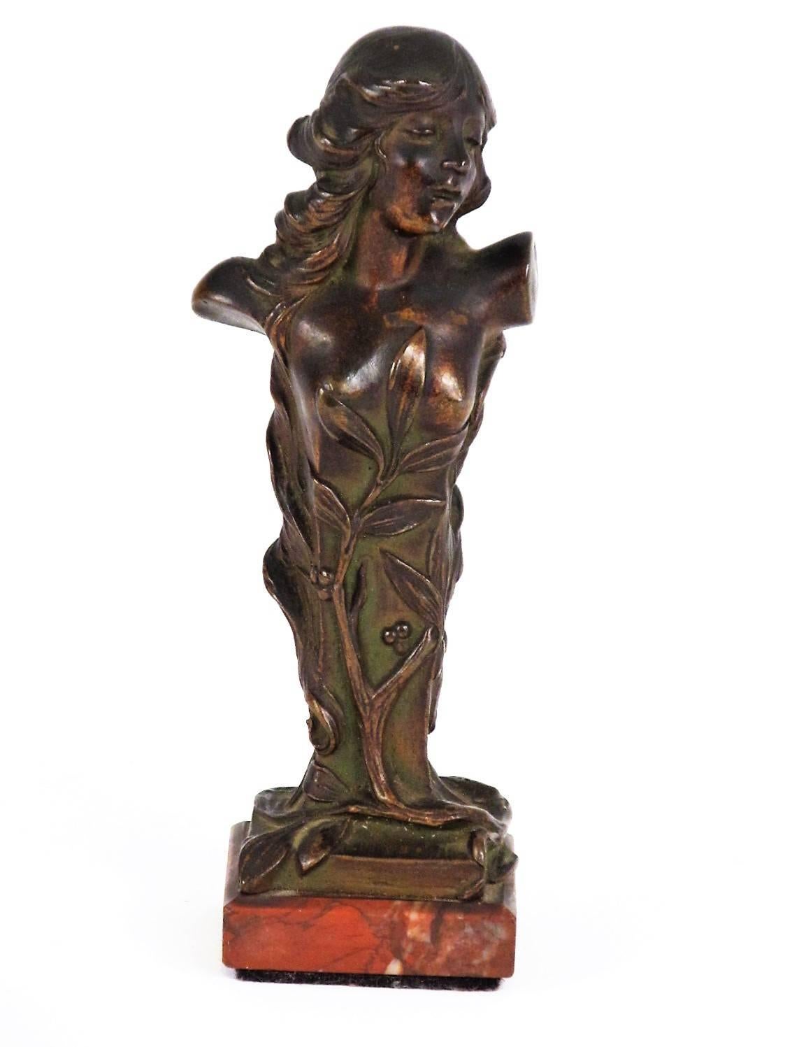 I was unable to identify the artist of this beautiful diminutive Art Nouveau bronze. Great patina and overall very nice condition. Her hair is great! Just as pretty from the back as the front. There may be a signature on the front of the bronze