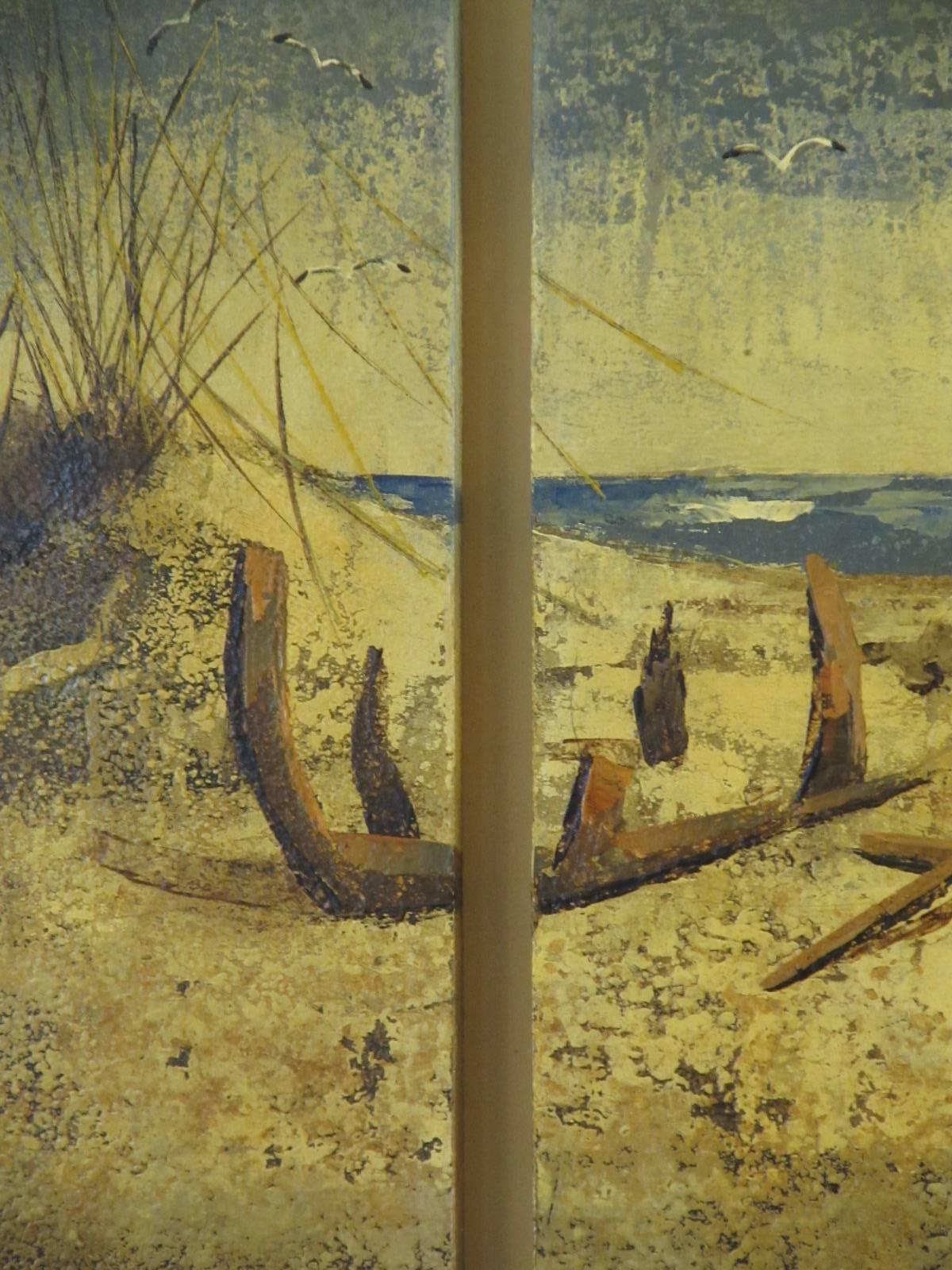 Four-Panel 3-D Beach Scene by Lawrence Harris In Good Condition For Sale In Papaikou, HI