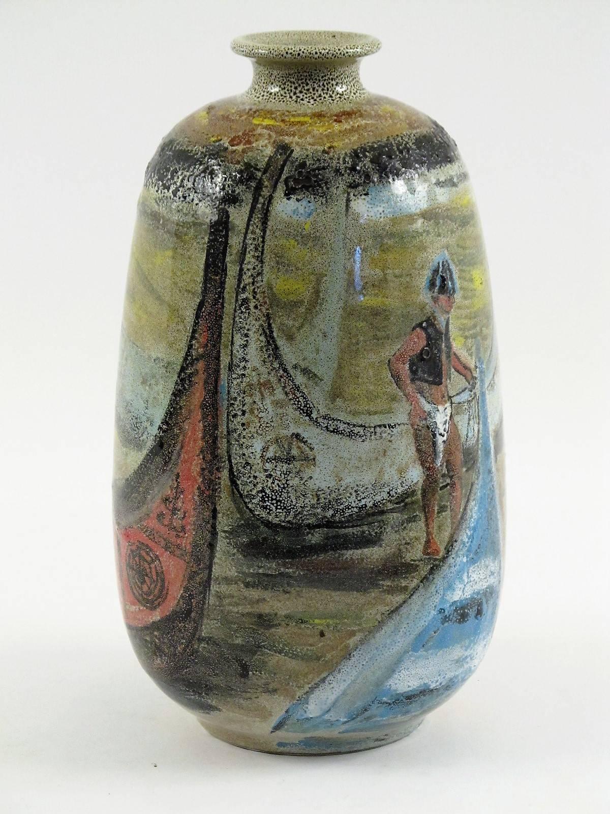 Glazed Unsigned Japanese Ceramic Vase with Sailors and Boats