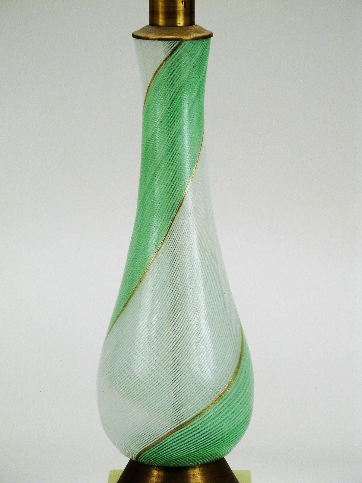 Another great example of fine Italian glass art. Bands of green and white canes of glass, separated by gold lines, fused together, twisted and shaped into a perfect form. The cubic base is painted wood. The shade is contemporary and is not included.