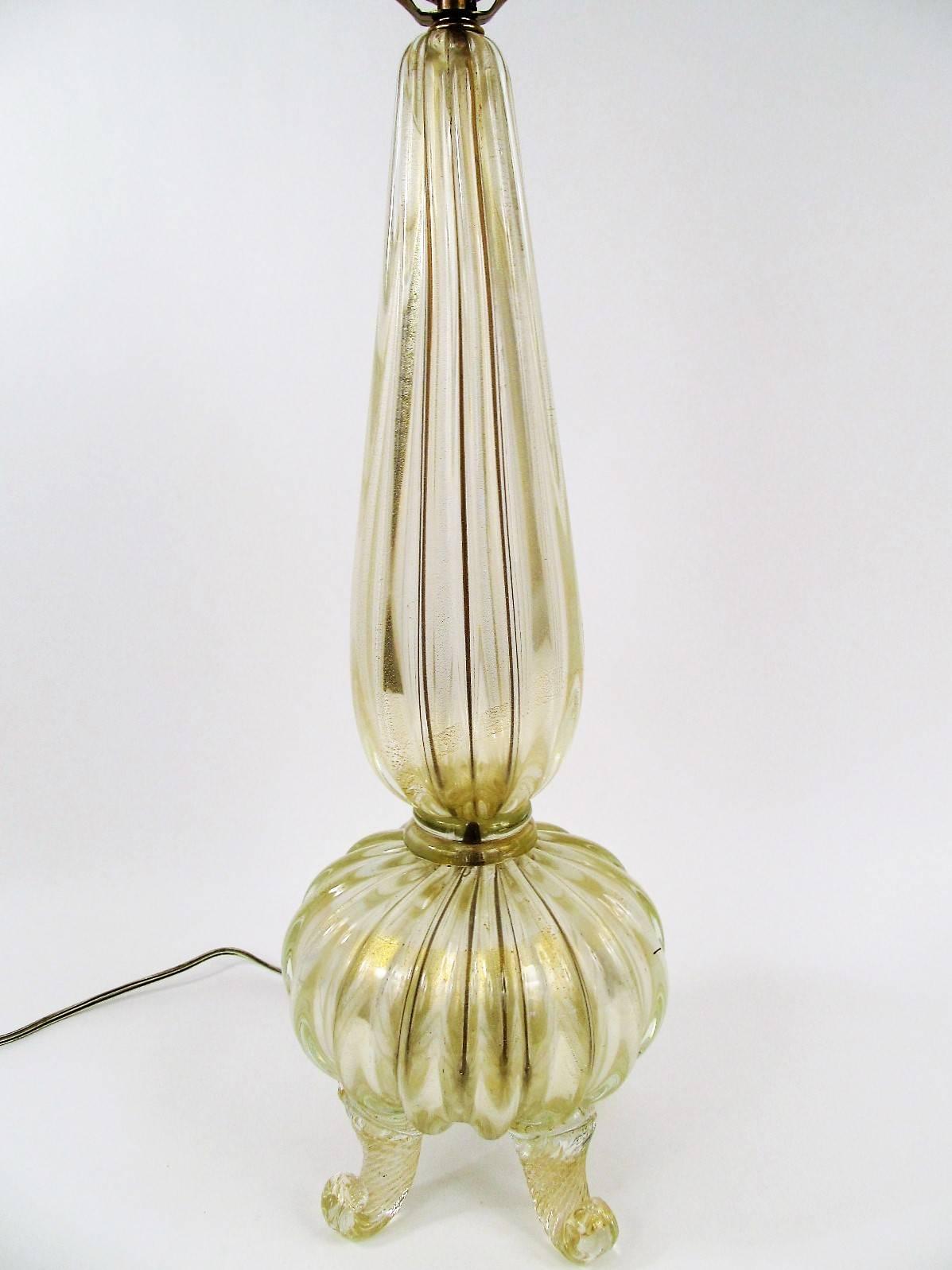 Italian Gold Flake Barovier and Toso Blown Glass Lamp with Cornucopia Footing For Sale