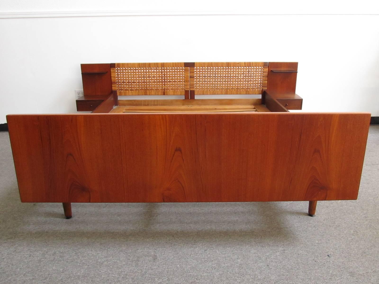 Danish Hans Wegner GETAMA Teak and Caned Queen Bed with Attached Night Tables